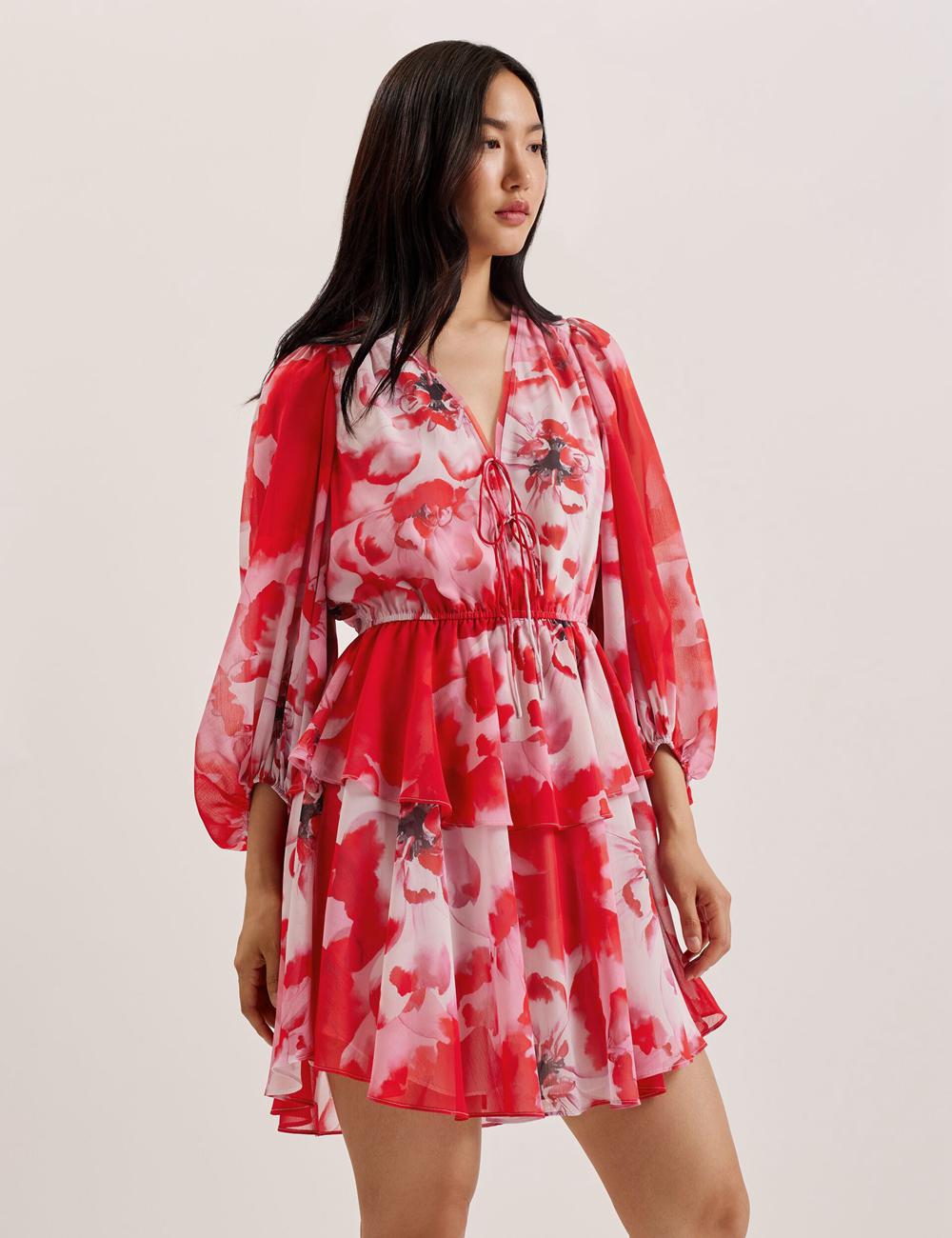 Women Ted Baker LEYNA - Floral Chiffon Front Mini Dresses Red | RIBK65378