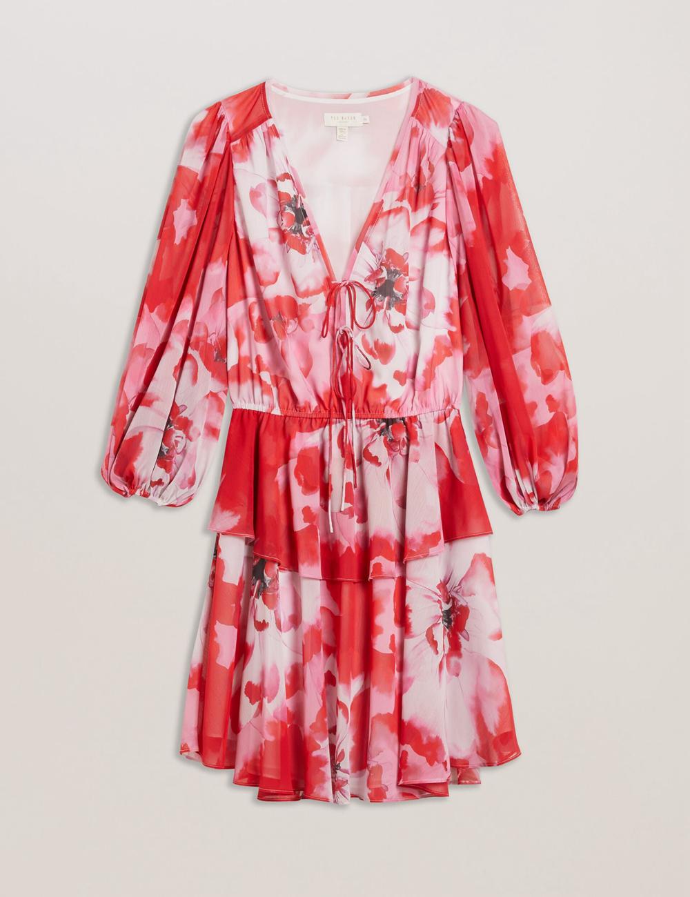 Women Ted Baker LEYNA - Floral Chiffon Front Mini Dresses Red | RIBK65378