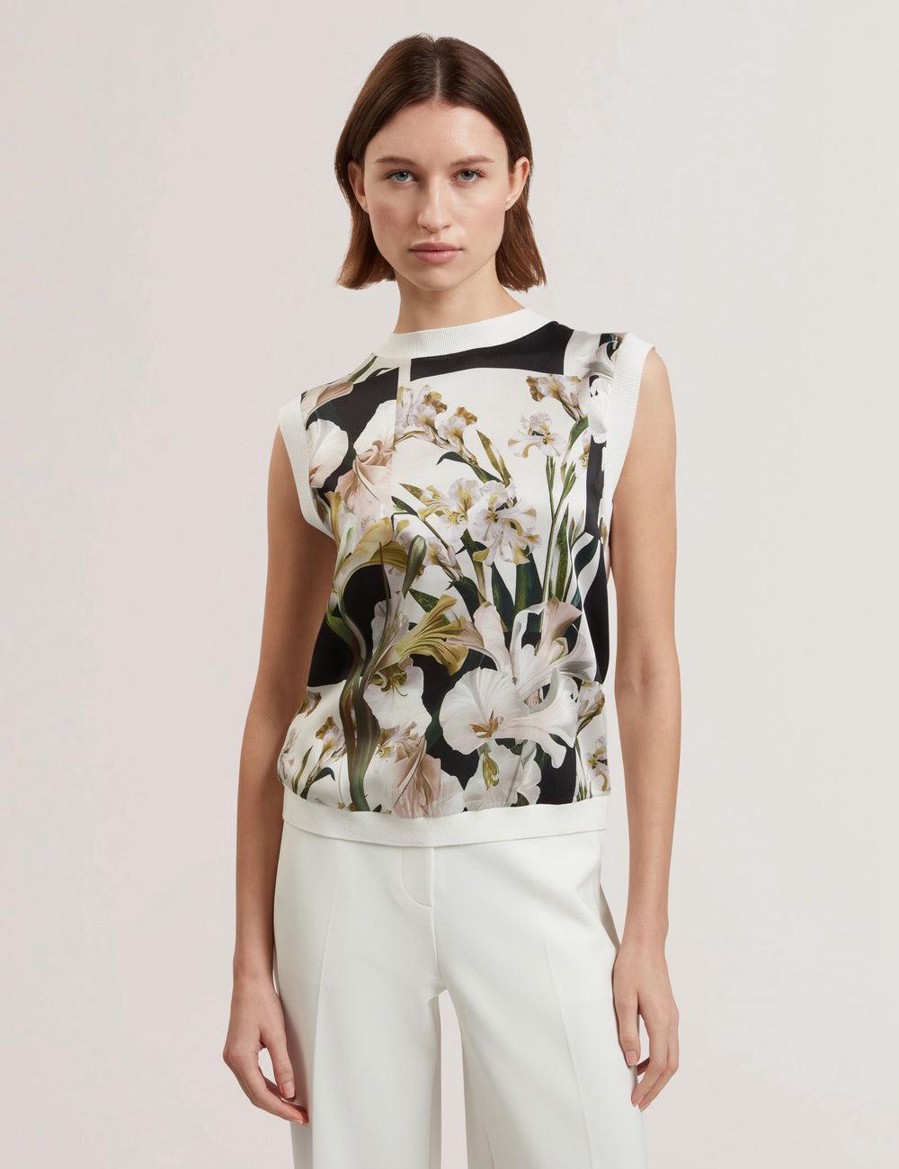 Women Ted Baker LIILEA - Floral Print Front Boxy Knitted Tops Ivory | EWCR32189