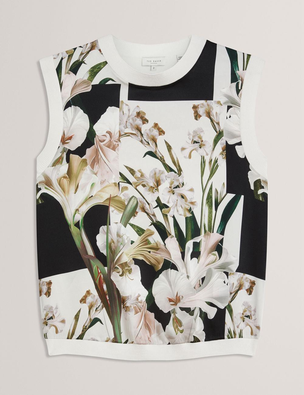Women Ted Baker LIILEA - Floral Print Front Boxy Knitted Tops Ivory | EWCR32189