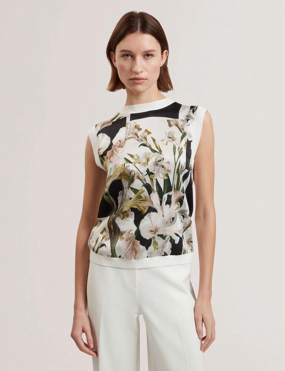 Women Ted Baker LIILEA - Floral Print Front Boxy Knitted Tops Ivory | EWCR32189