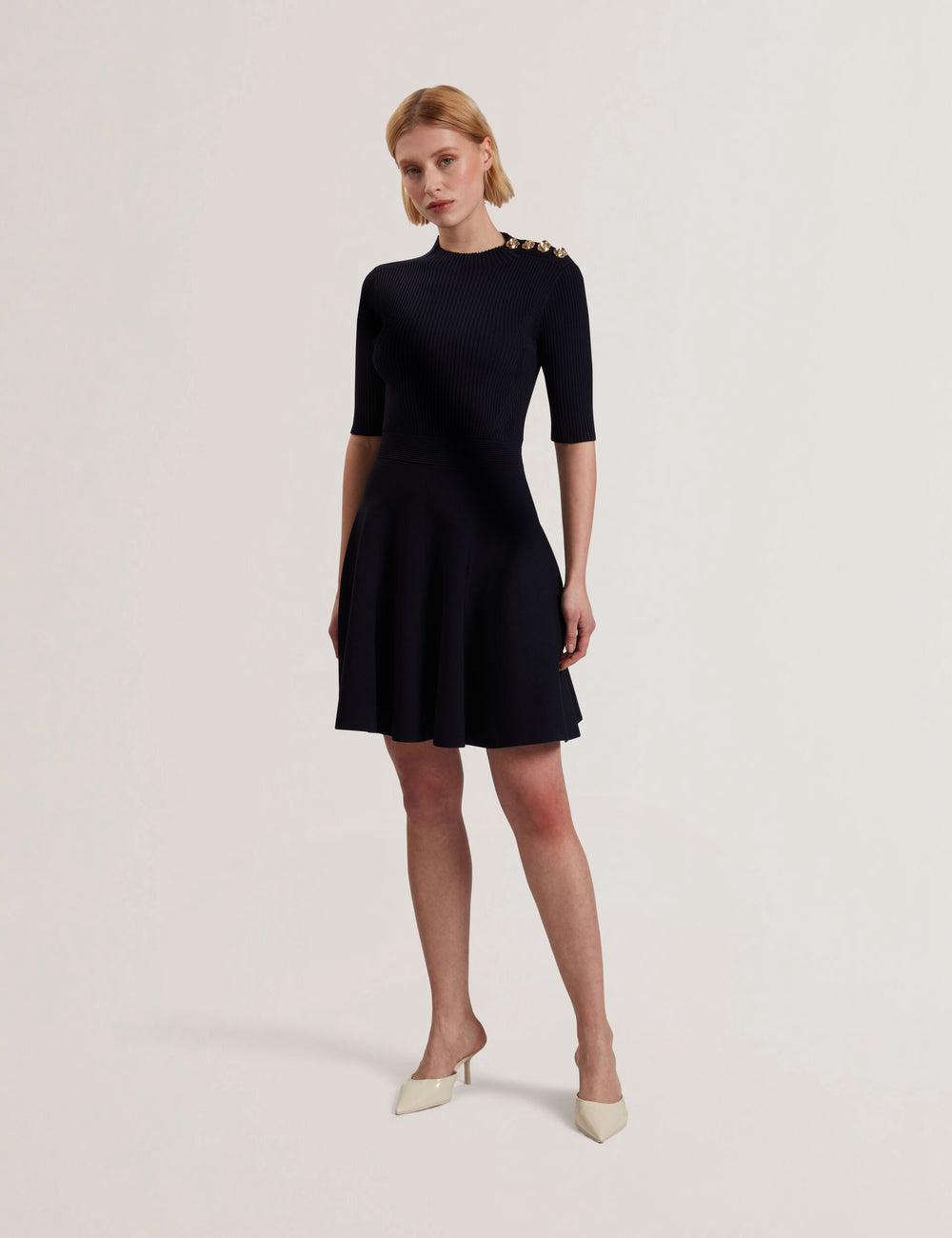 Women Ted Baker LILANO - Ribbed Knit Skater With Rose Buttons Mini Dresses Navy | RVGL41926