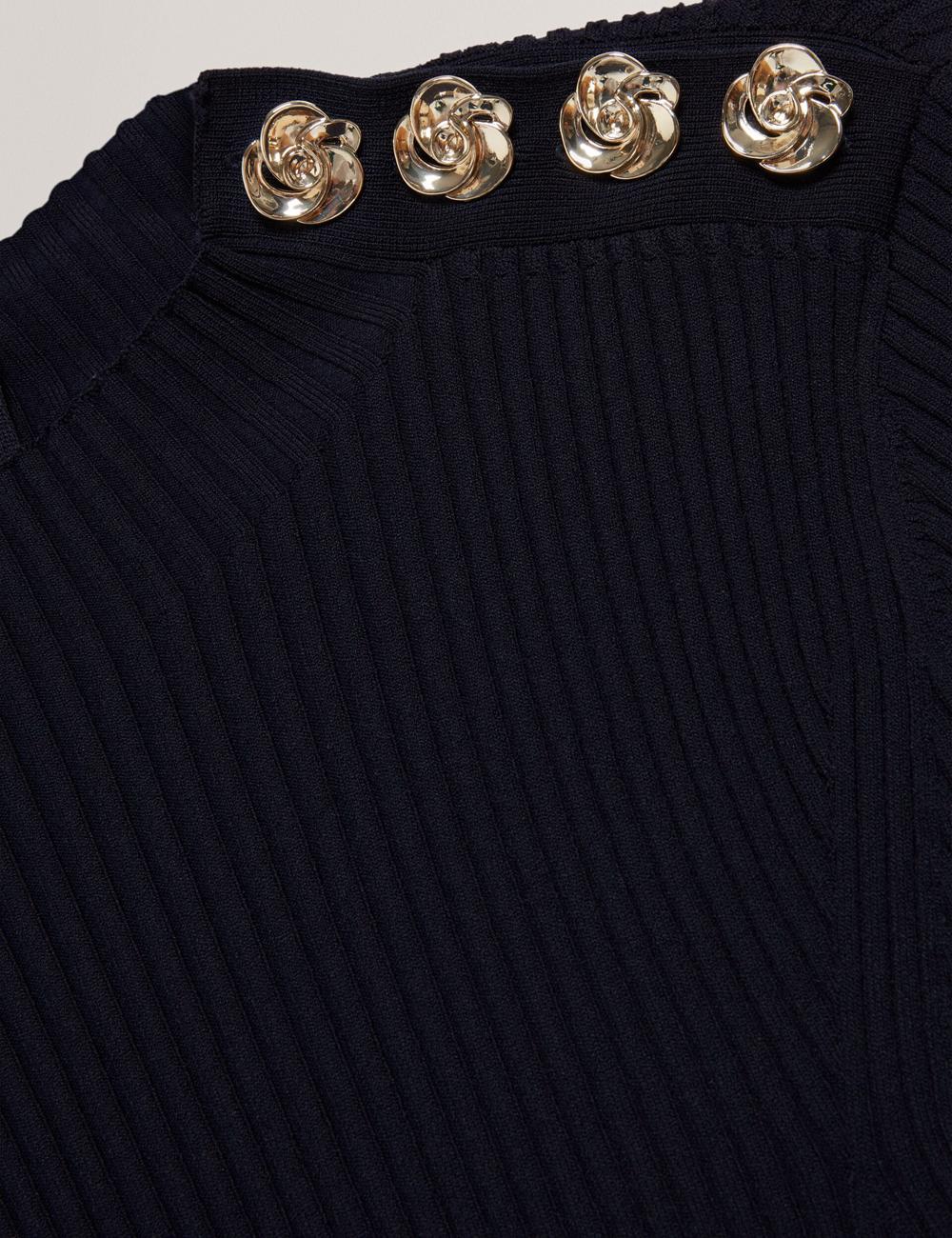 Women Ted Baker LILANO - Ribbed Knit Skater With Rose Buttons Mini Dresses Navy | RVGL41926