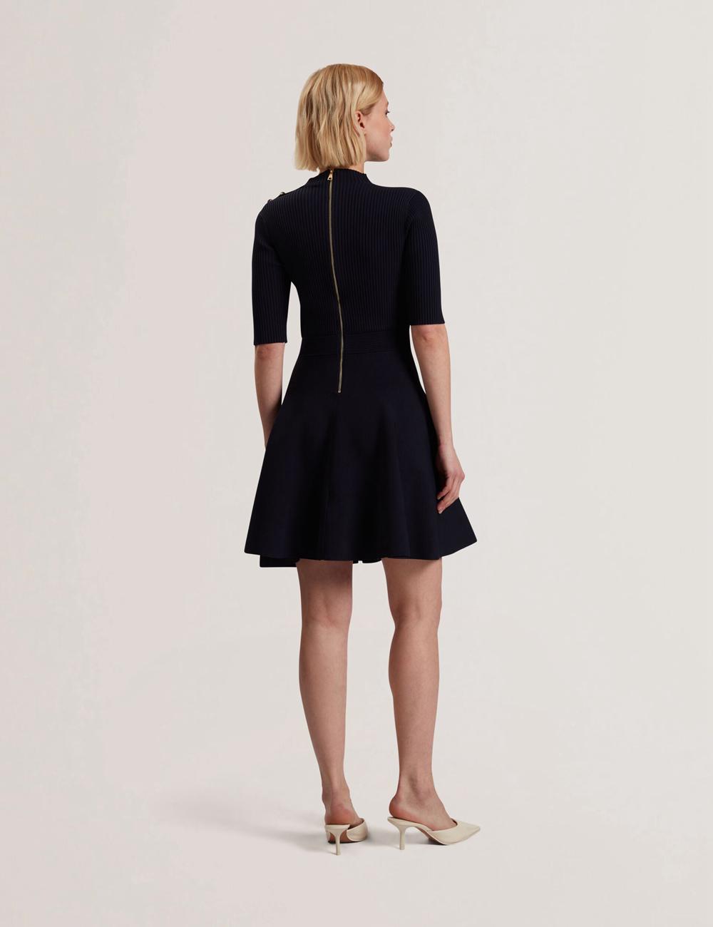 Women Ted Baker LILANO - Ribbed Knit Skater With Rose Buttons Mini Dresses Navy | RVGL41926