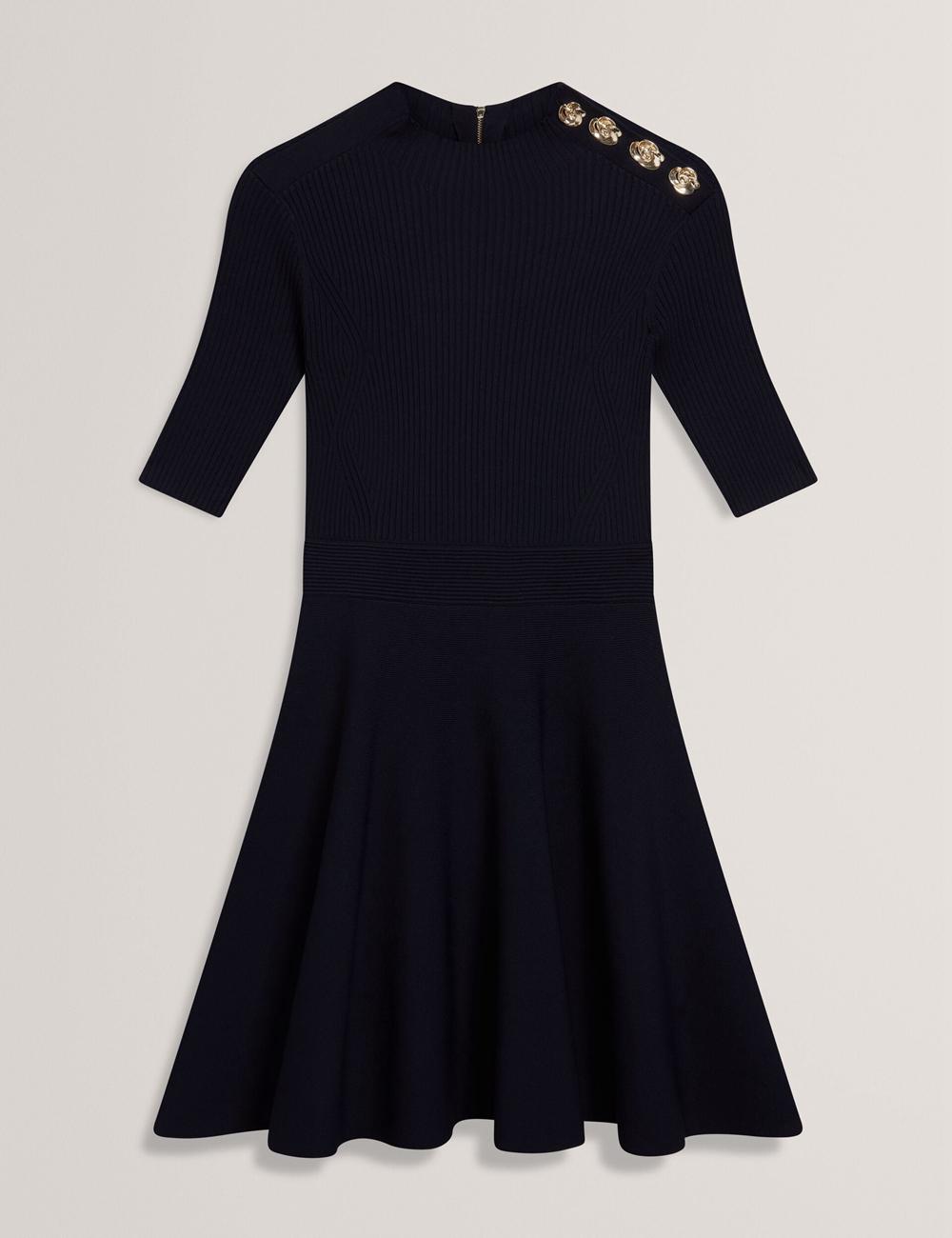Women Ted Baker LILANO - Ribbed Knit Skater With Rose Buttons Mini Dresses Navy | RVGL41926