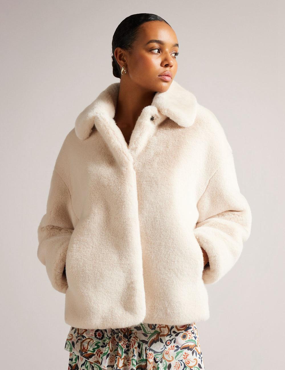 Women Ted Baker LILIAM - Faux Fur Collared Short Coat Jackets Ivory | EFPS68475