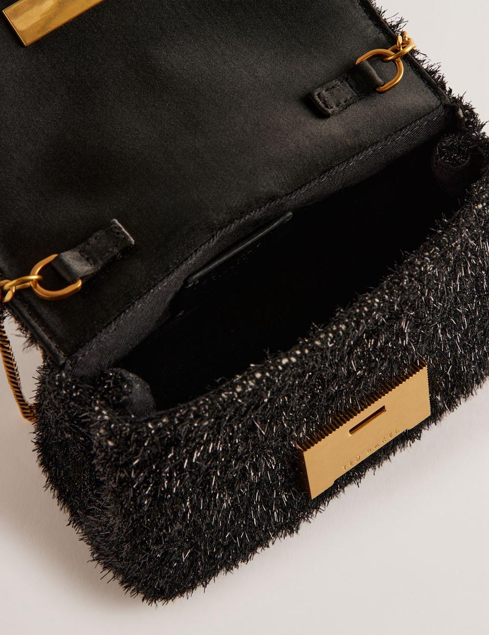 Women Ted Baker LIYLAH - Metallic Tinsel Fold Over Crossbody Bags Black | ZWDY71354