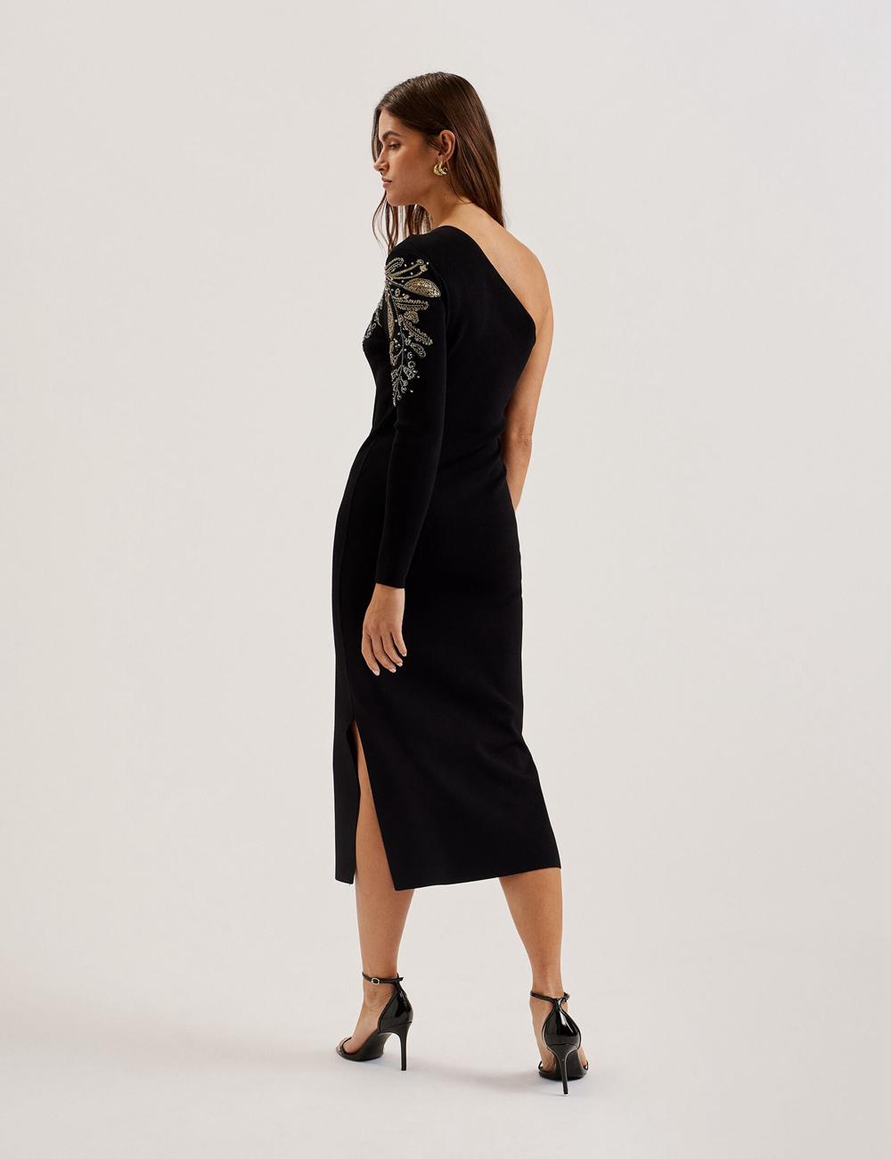 Women Ted Baker LIZYYY - One Shoulder Embellished Knit Midi Dresses Black | JNAW46951