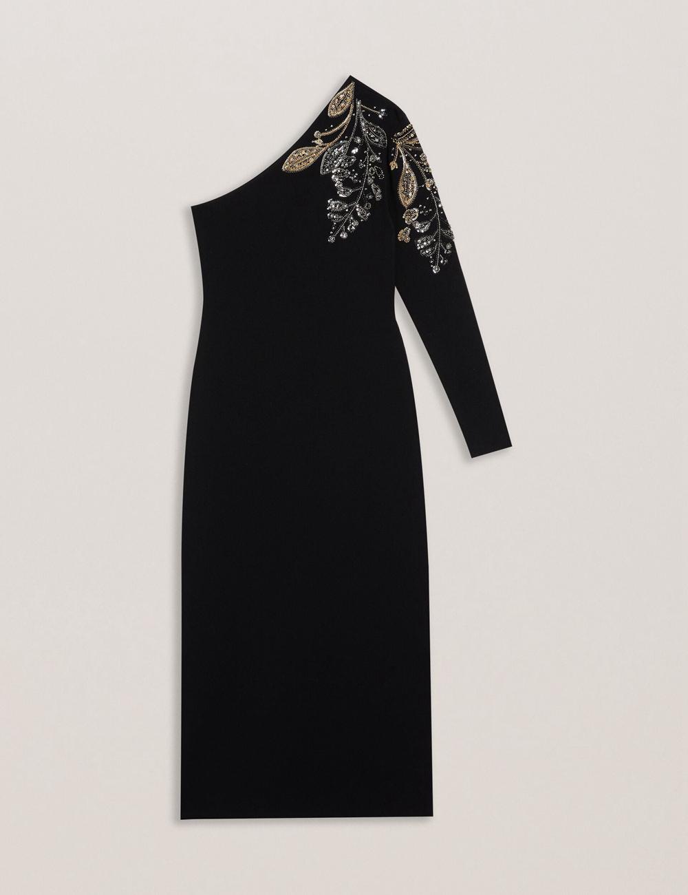 Women Ted Baker LIZYYY - One Shoulder Embellished Knit Midi Dresses Black | JNAW46951