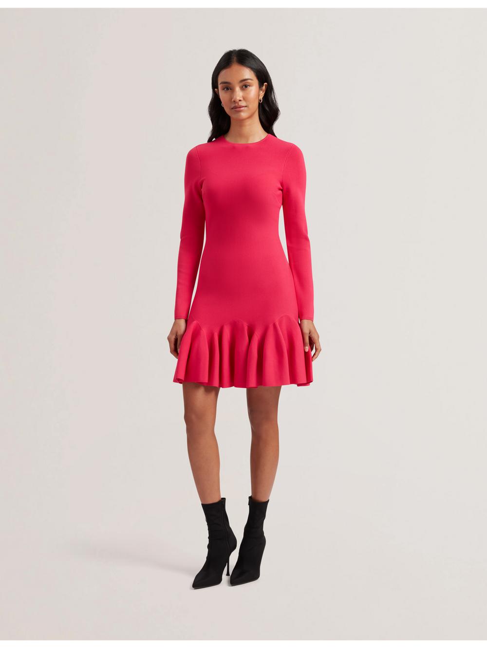 Women Ted Baker LOISSS - Flounce Hem Long Sleeve Knitted Mini Dresses Fuchsia | JGQK80953