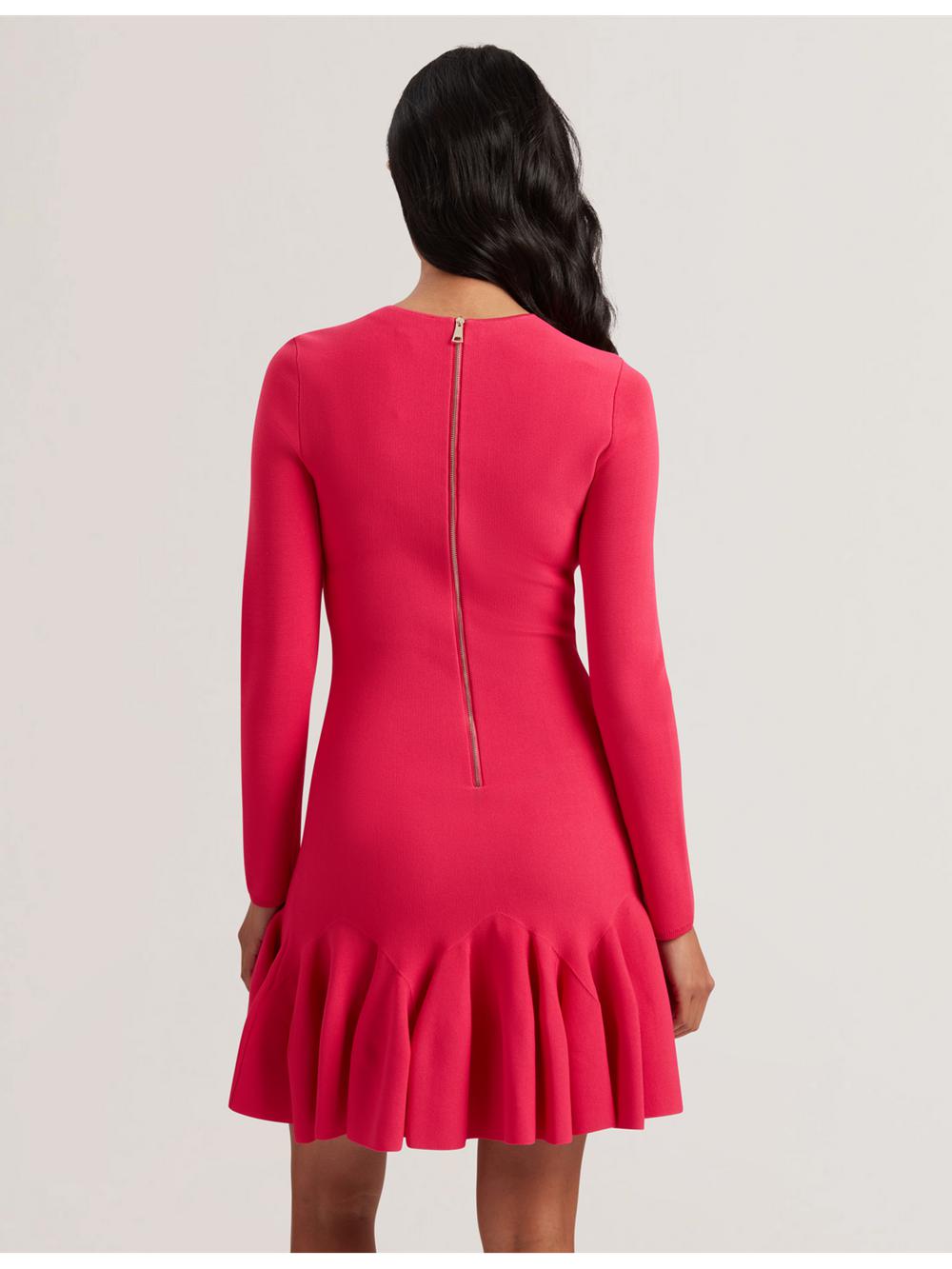 Women Ted Baker LOISSS - Flounce Hem Long Sleeve Knitted Mini Dresses Fuchsia | JGQK80953
