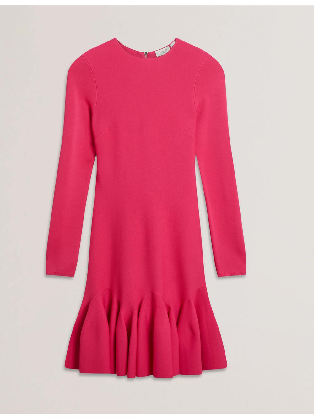 Women Ted Baker LOISSS - Flounce Hem Long Sleeve Knitted Mini Dresses Fuchsia | JGQK80953