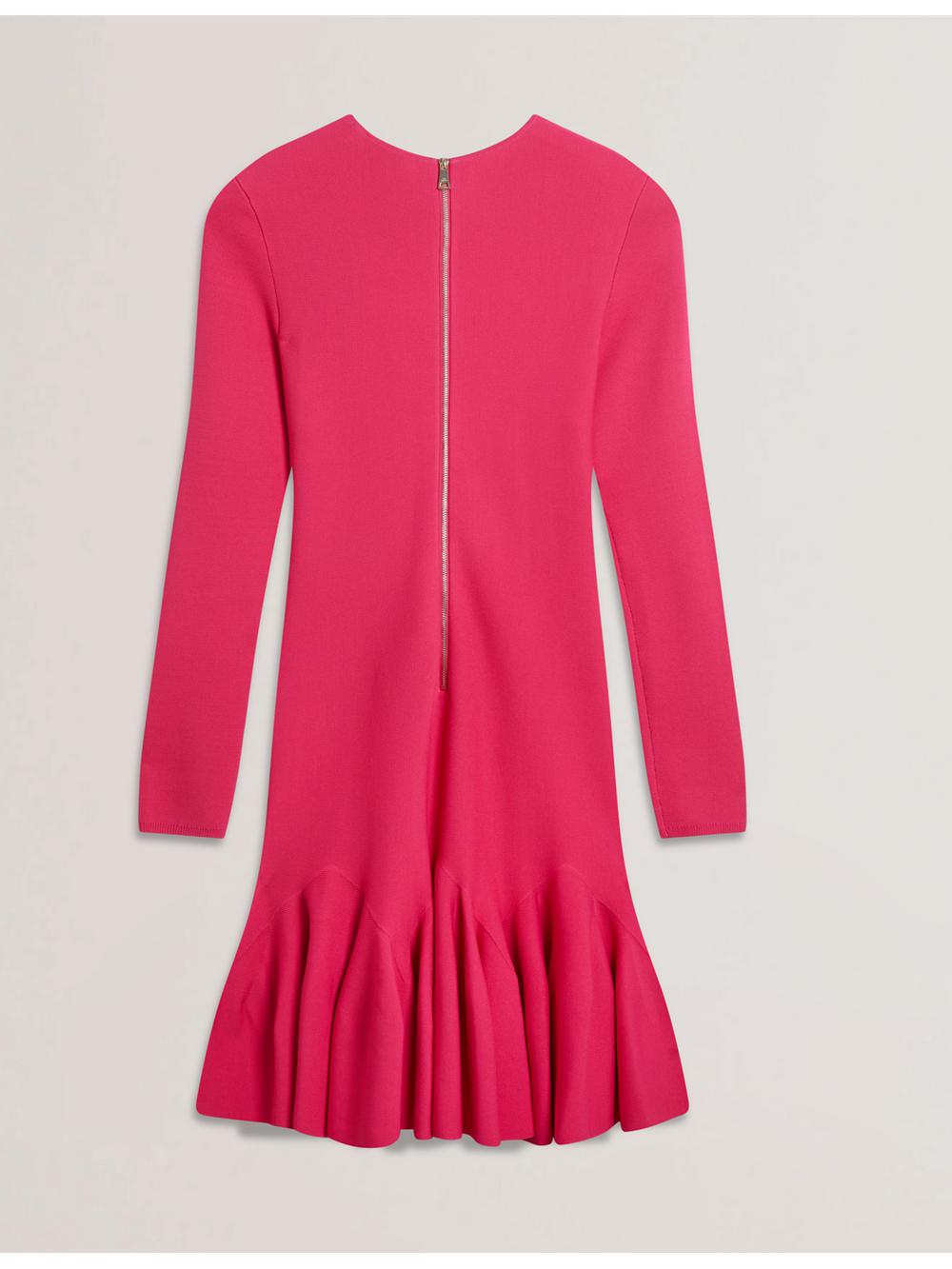 Women Ted Baker LOISSS - Flounce Hem Long Sleeve Knitted Mini Dresses Fuchsia | JGQK80953