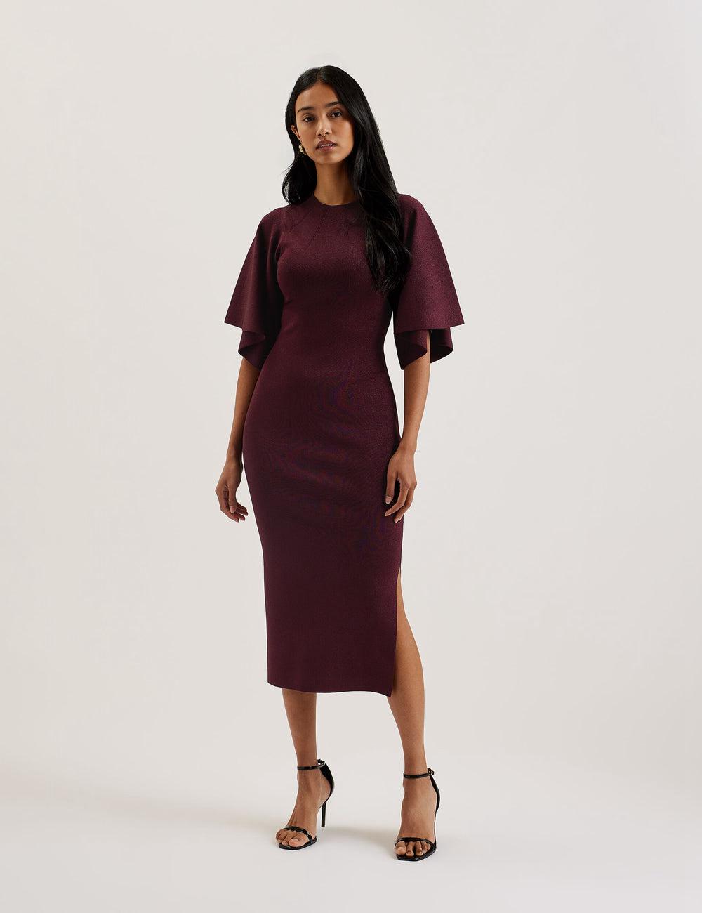 Women Ted Baker LOUANAA - Metallic Knit Fluted Sleeve Midi Dresses Red | JSRO61029