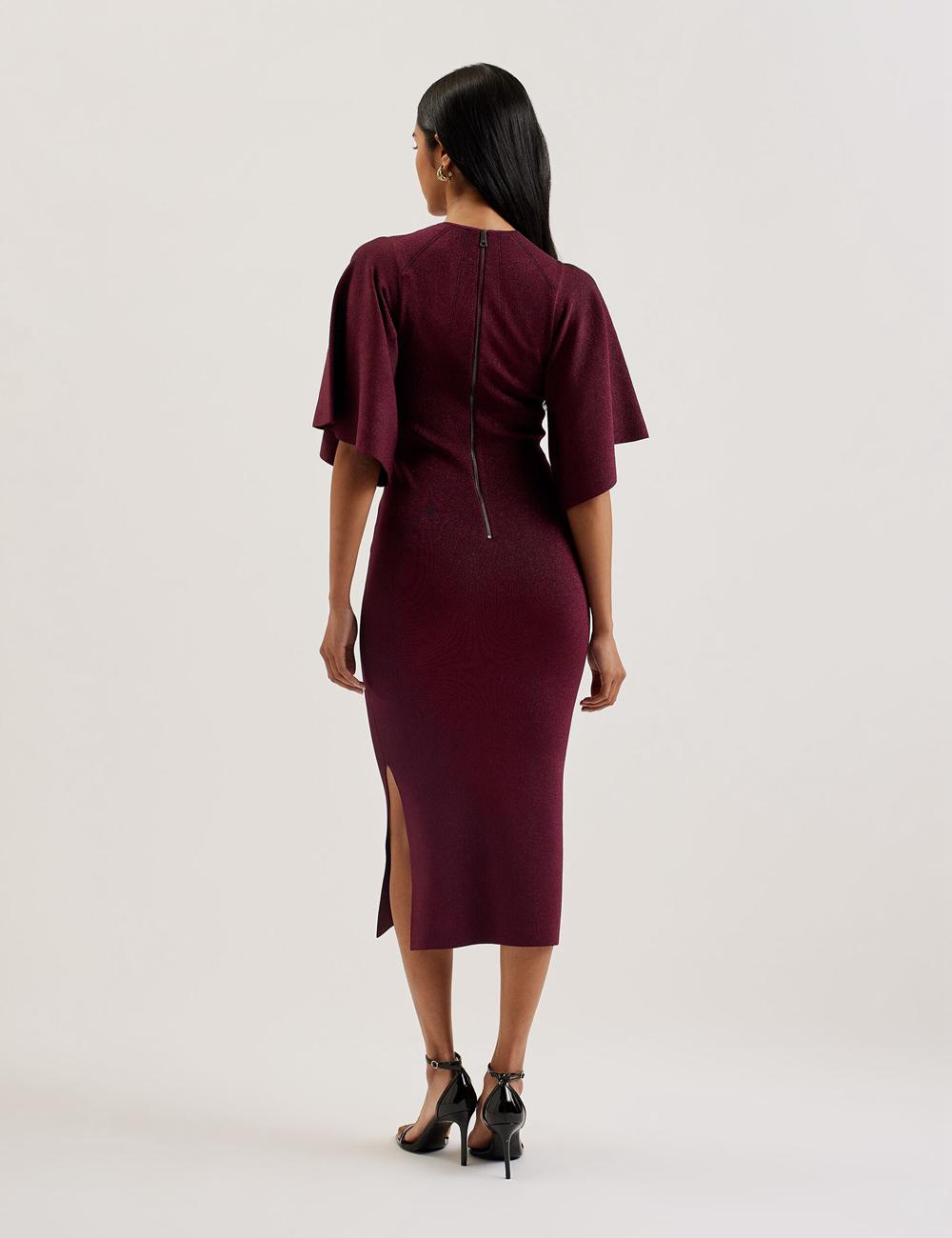 Women Ted Baker LOUANAA - Metallic Knit Fluted Sleeve Midi Dresses Red | JSRO61029