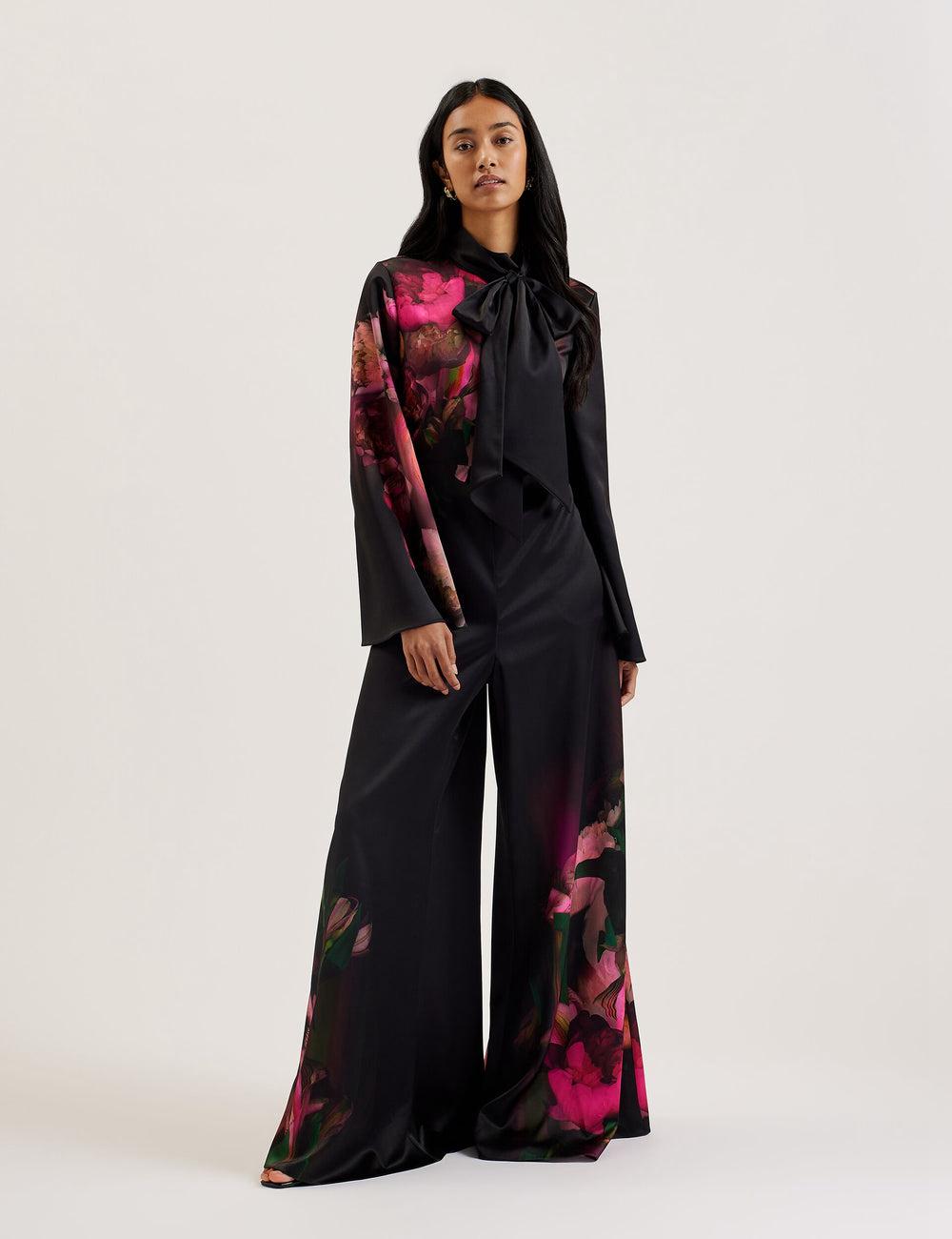 Women Ted Baker LOUSIOS - Printed Neck Wide Leg Jumpsuits Black | SLMD91637