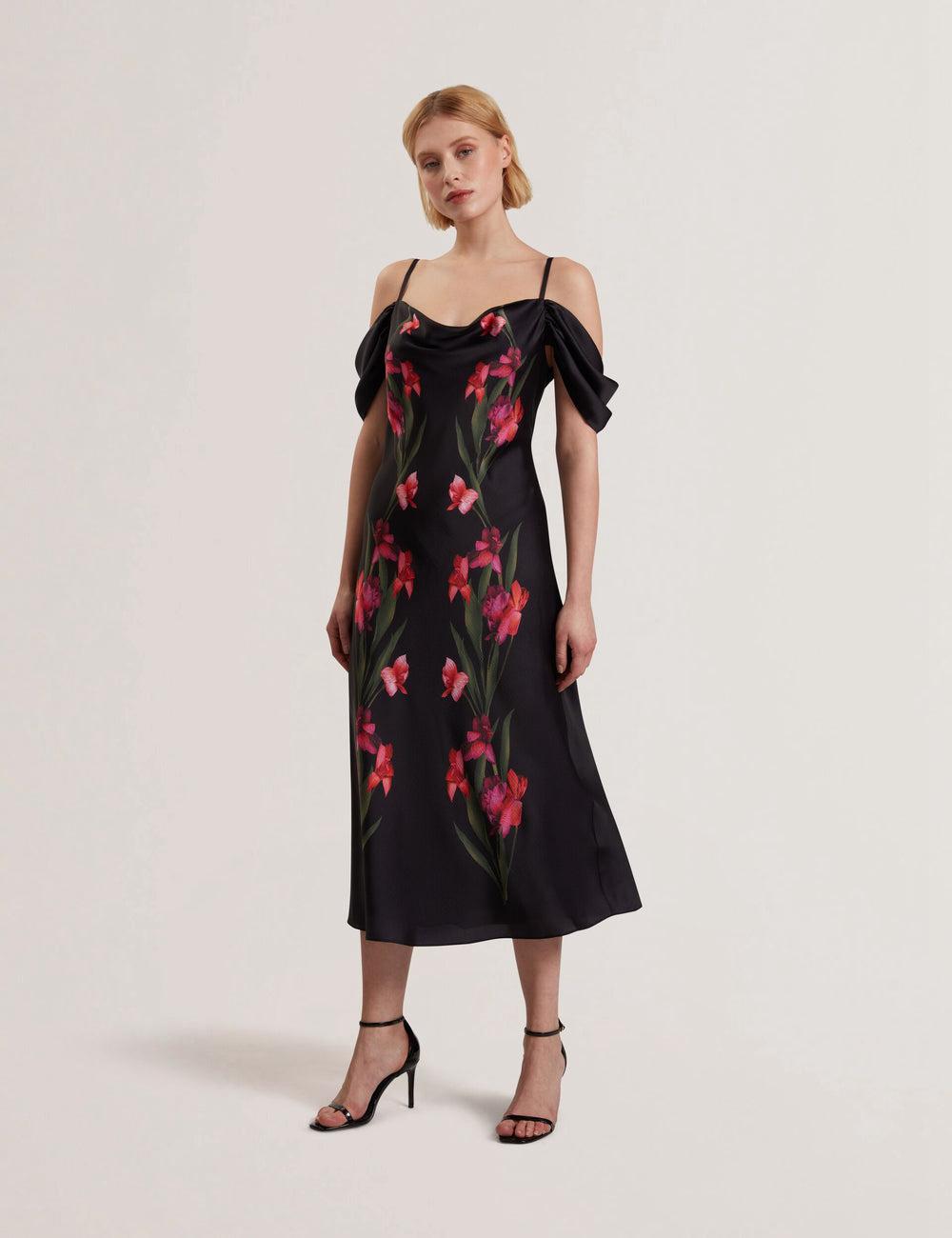 Women Ted Baker LUCERN - Floral Satin Off Shoulder Bias Midi Dresses Black | VFRJ05963