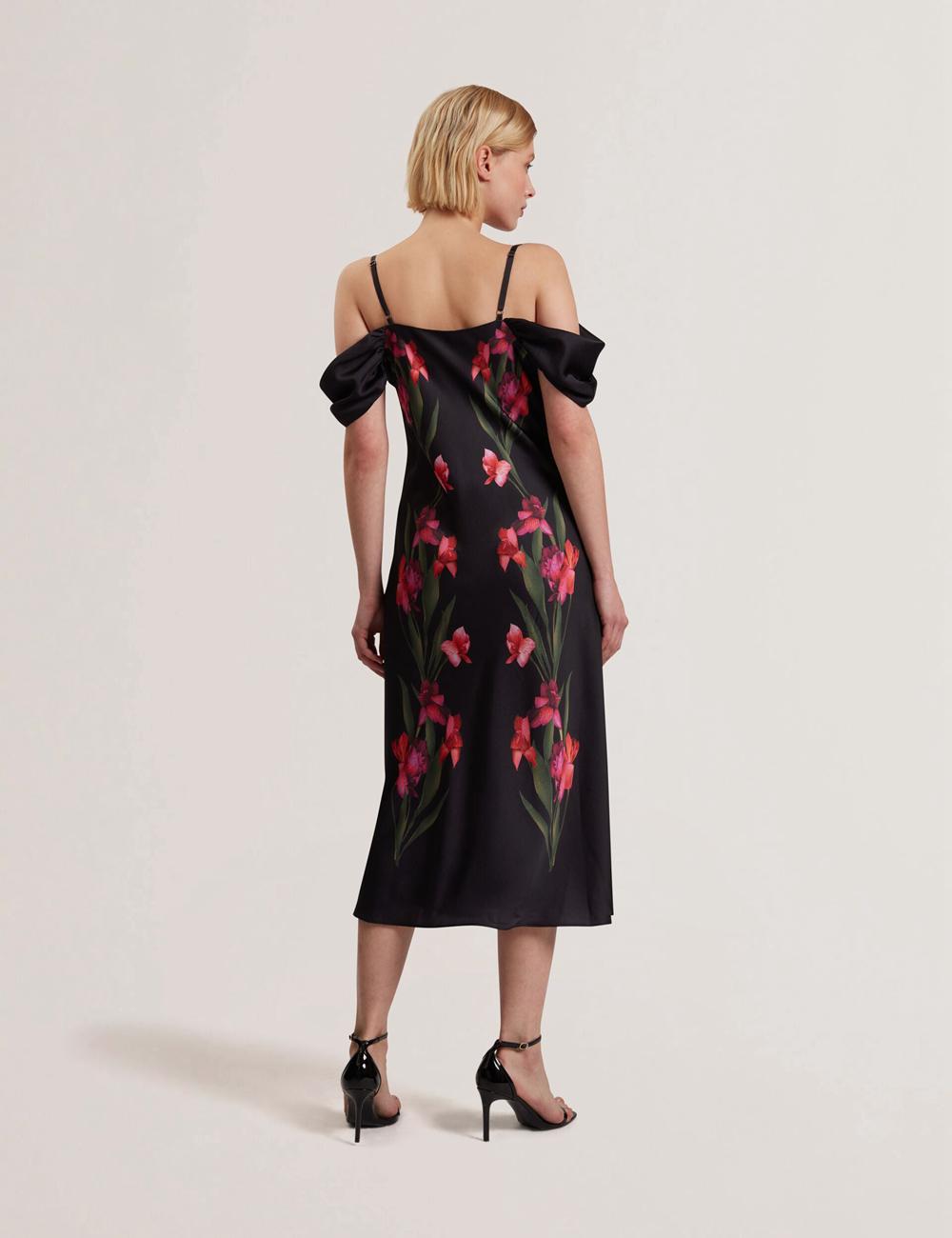 Women Ted Baker LUCERN - Floral Satin Off Shoulder Bias Midi Dresses Black | VFRJ05963