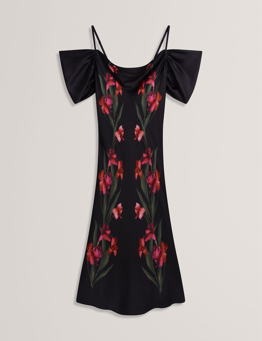 Women Ted Baker LUCERN - Floral Satin Off Shoulder Bias Midi Dresses Black | VFRJ05963