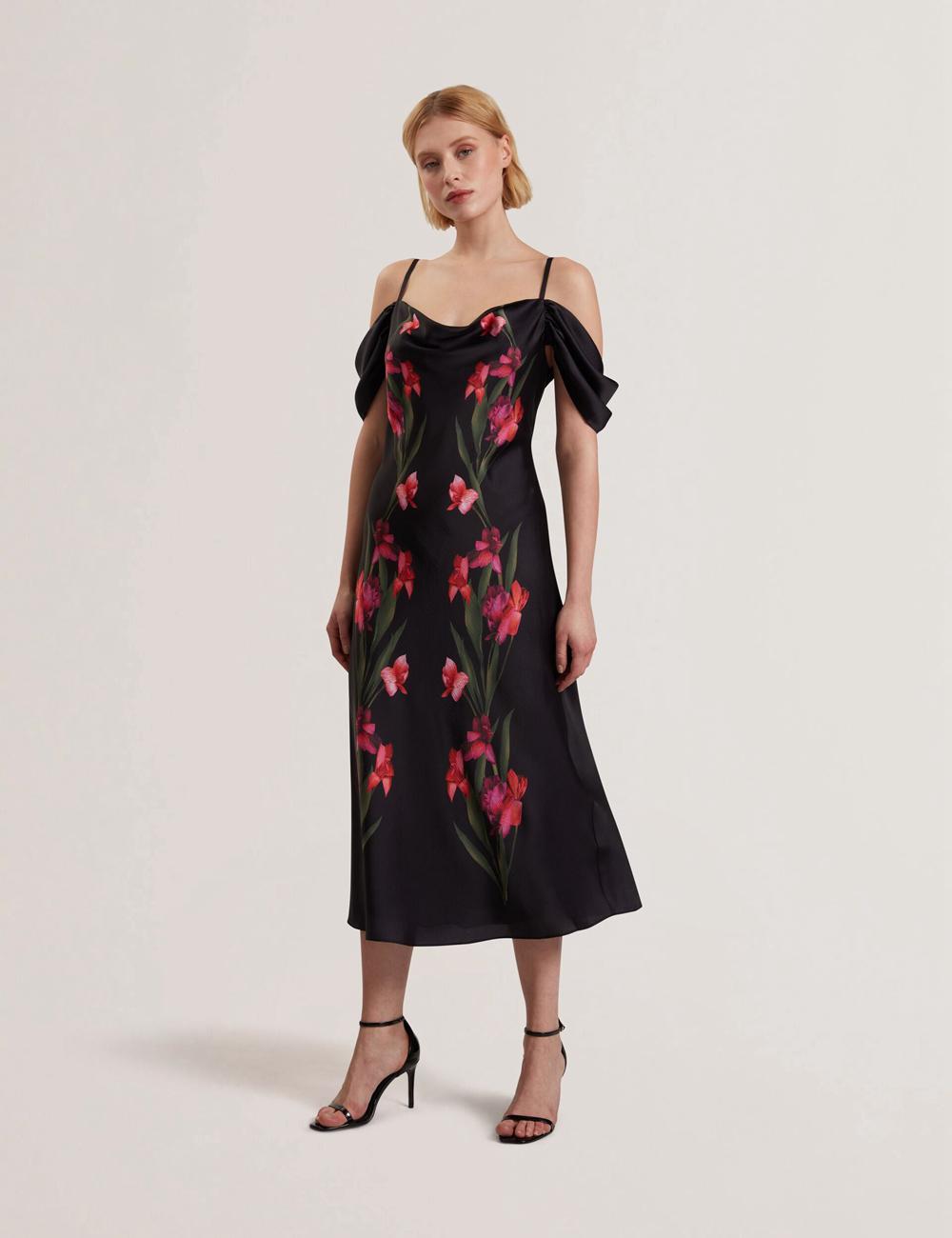 Women Ted Baker LUCERN - Floral Satin Off Shoulder Bias Midi Dresses Black | VFRJ05963