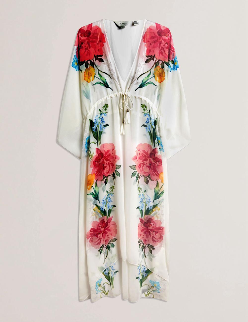 Women Ted Baker LUUSAA - Floral V-Neck Maxi Kaftan Beach Dress Cover Ups White | MACZ96541