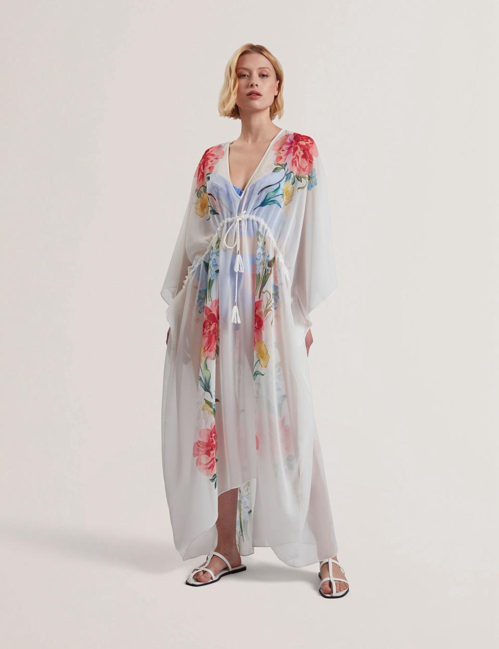 Women Ted Baker LUUSAA - Floral V-Neck Maxi Kaftan Beach Dress Cover Ups White | MACZ96541