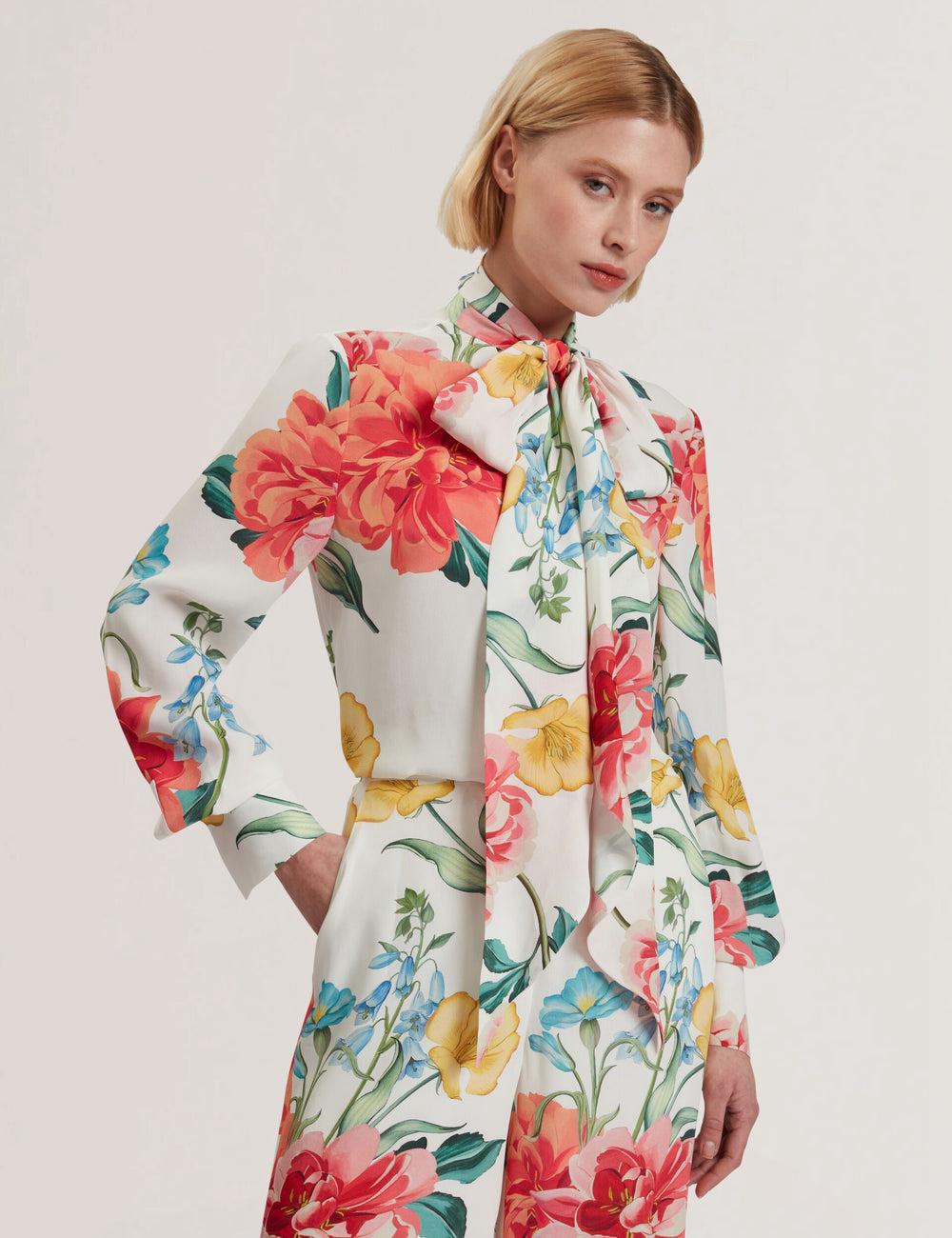 Women Ted Baker LUUSILE - Floral Print Neck Long Sleeve Blouses White | BNRW29507