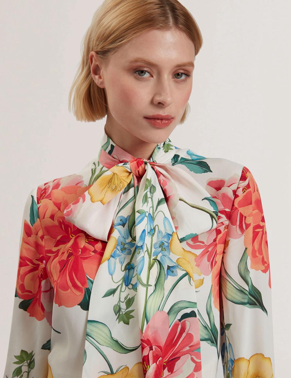Women Ted Baker LUUSILE - Floral Print Neck Long Sleeve Blouses White | BNRW29507