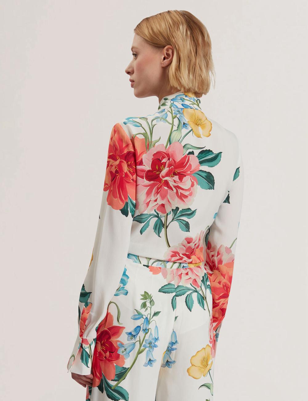 Women Ted Baker LUUSILE - Floral Print Neck Long Sleeve Blouses White | BNRW29507