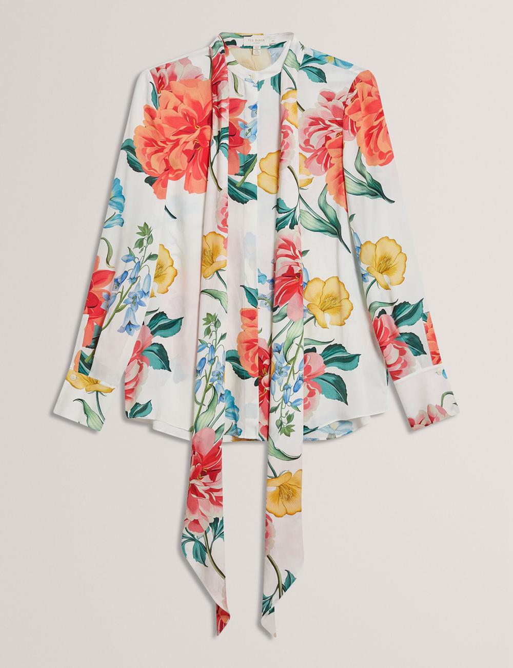 Women Ted Baker LUUSILE - Floral Print Neck Long Sleeve Blouses White | BNRW29507