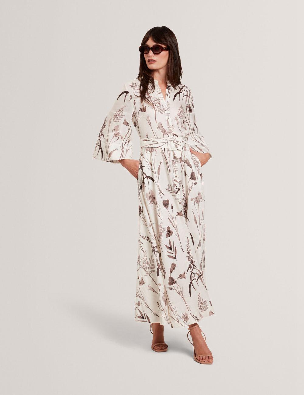 Women Ted Baker LUWISA - Floral Linen Silk Belted Midi Shirt Midi Dresses Ivory | SUZO50986