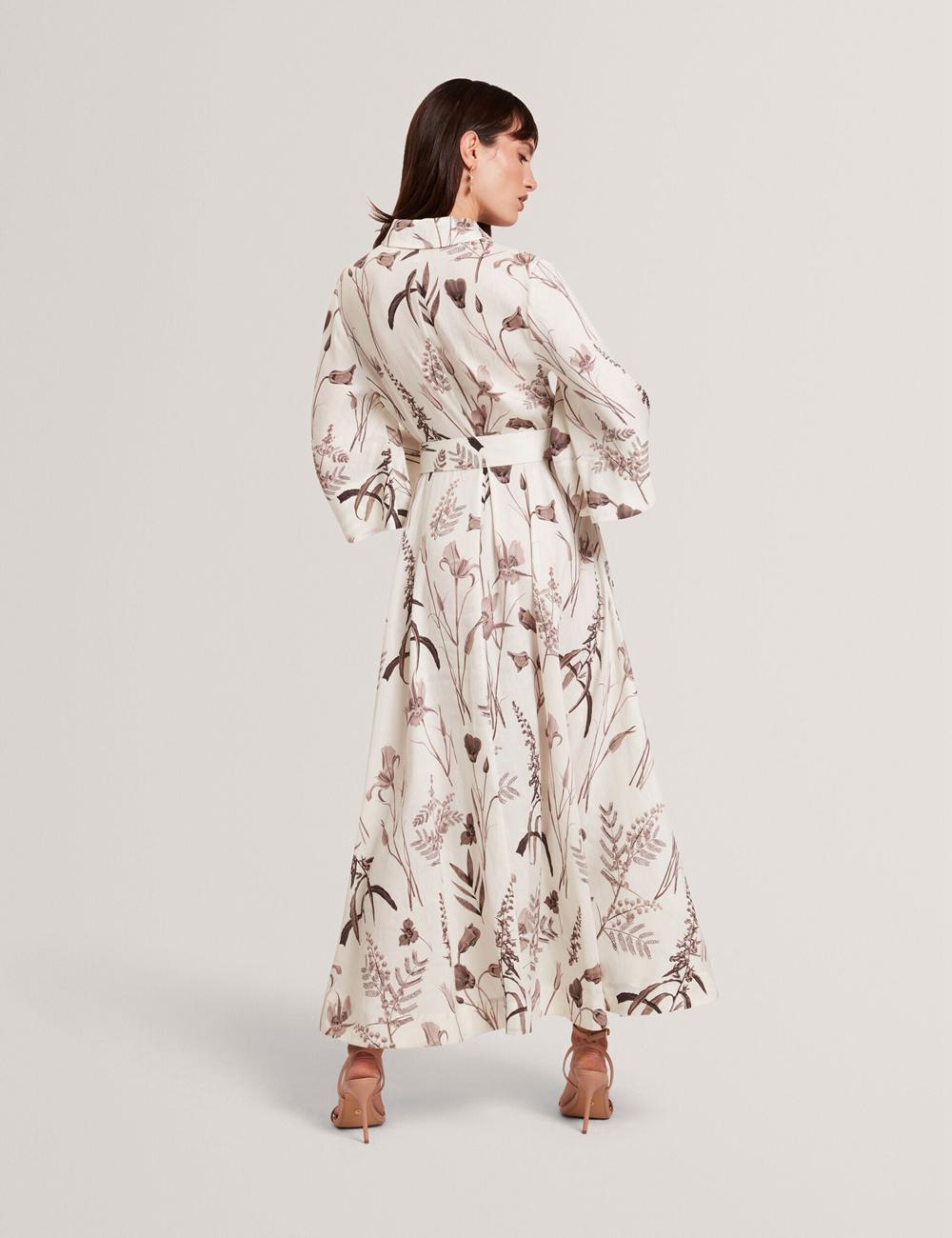Women Ted Baker LUWISA - Floral Linen Silk Belted Midi Shirt Midi Dresses Ivory | SUZO50986