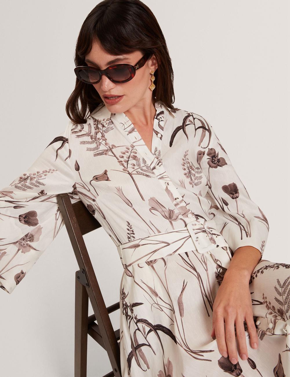 Women Ted Baker LUWISA - Floral Linen Silk Belted Midi Shirt Midi Dresses Ivory | SUZO50986