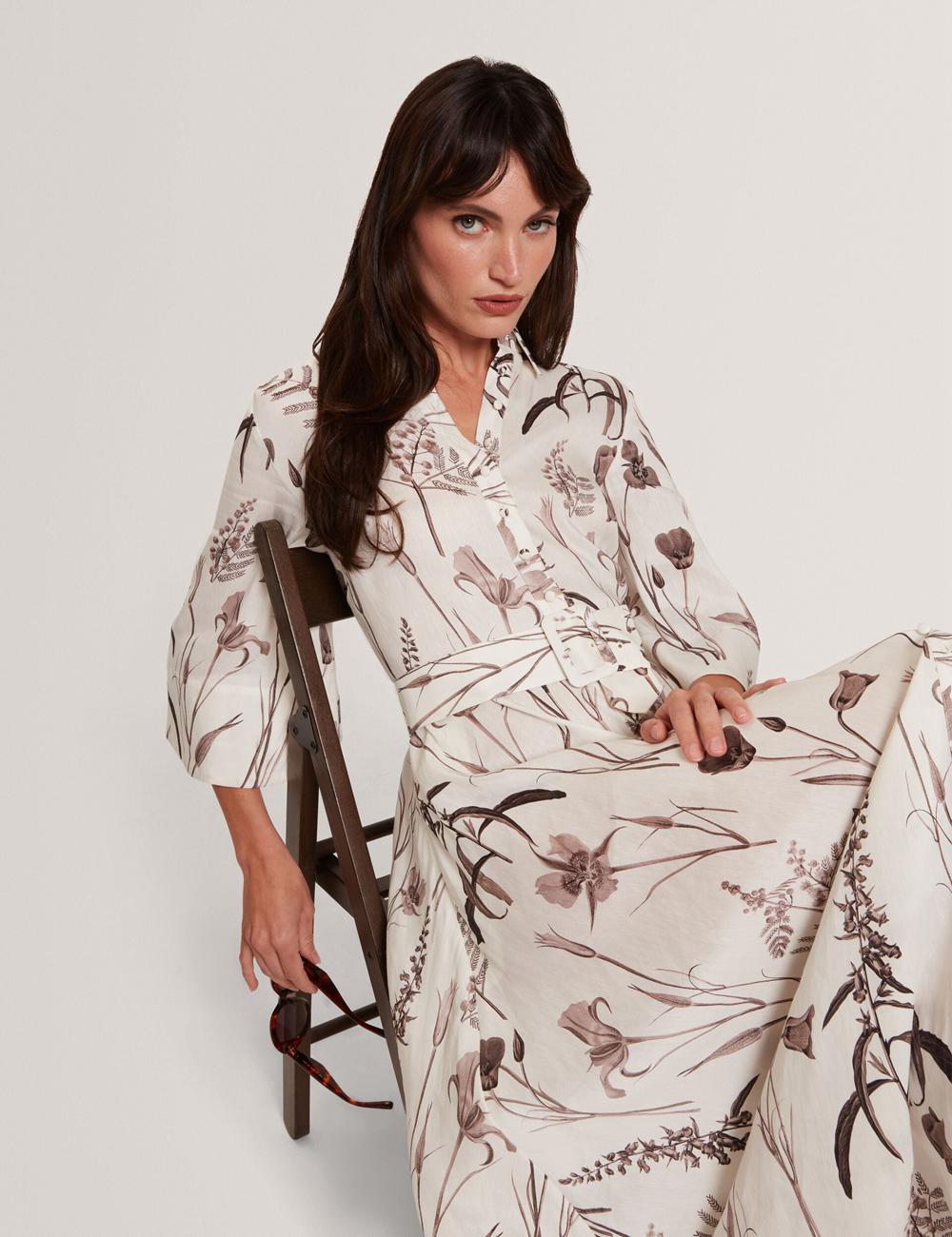 Women Ted Baker LUWISA - Floral Linen Silk Belted Midi Shirt Midi Dresses Ivory | SUZO50986
