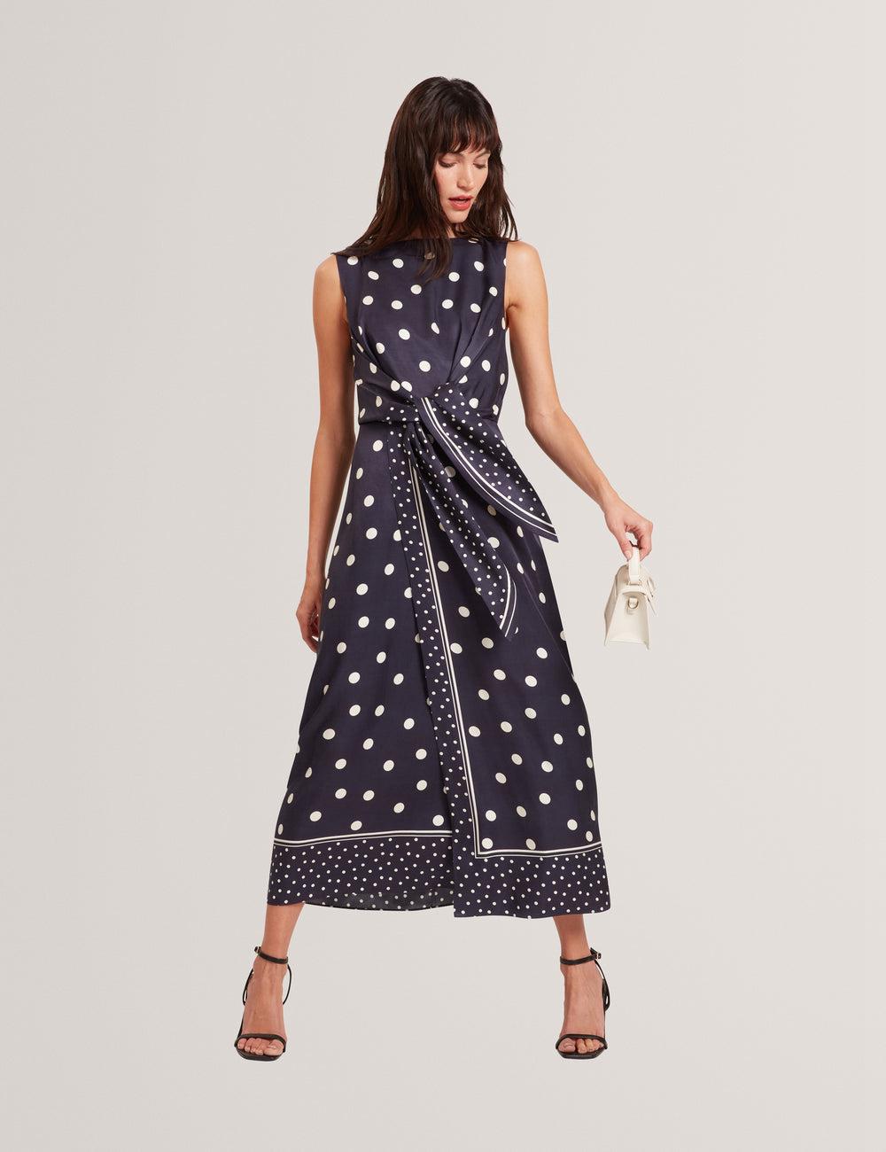 Women Ted Baker MALMOA - Polka Dot Detail Column Midi Dresses Navy | JZWX42586