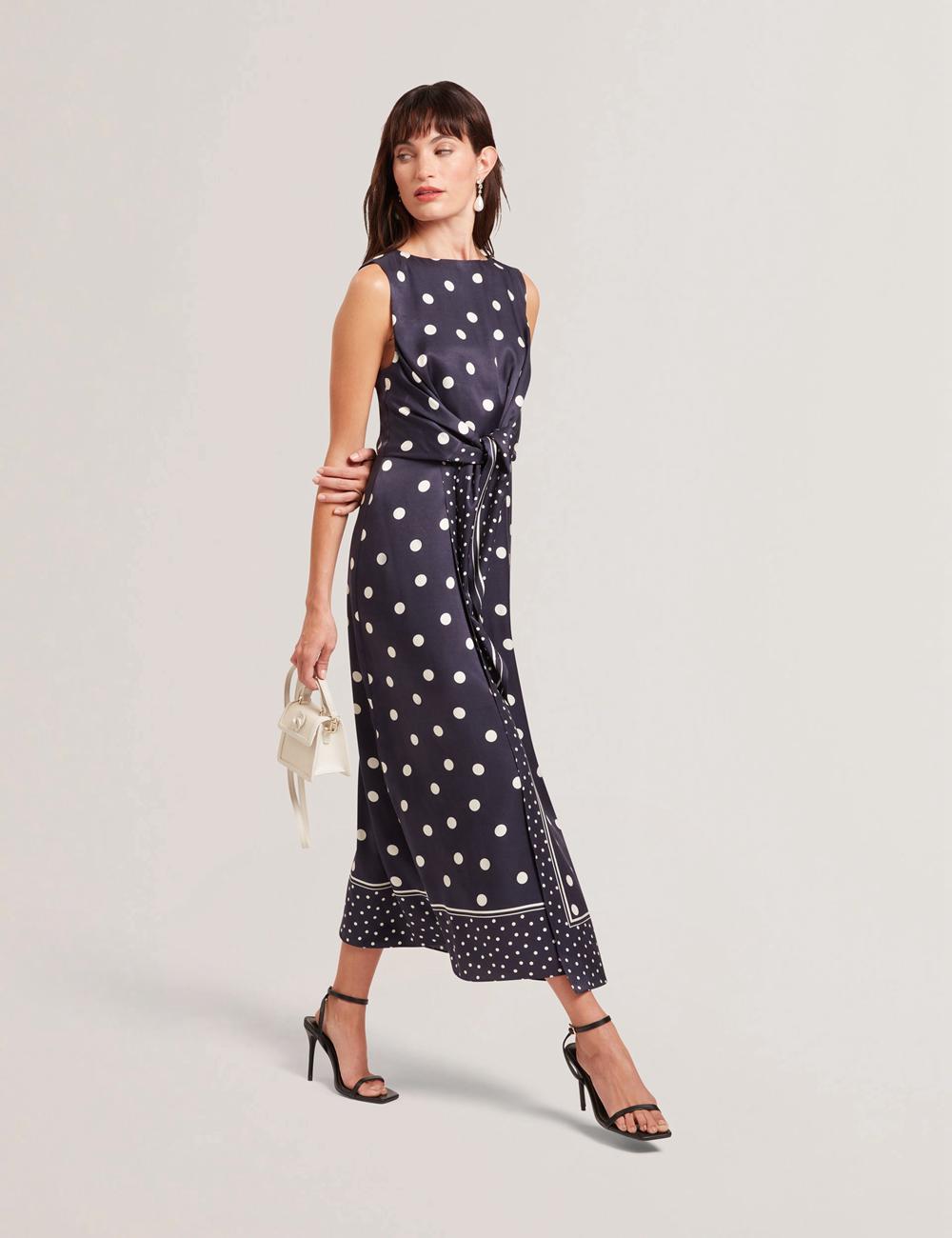 Women Ted Baker MALMOA - Polka Dot Detail Column Midi Dresses Navy | JZWX42586