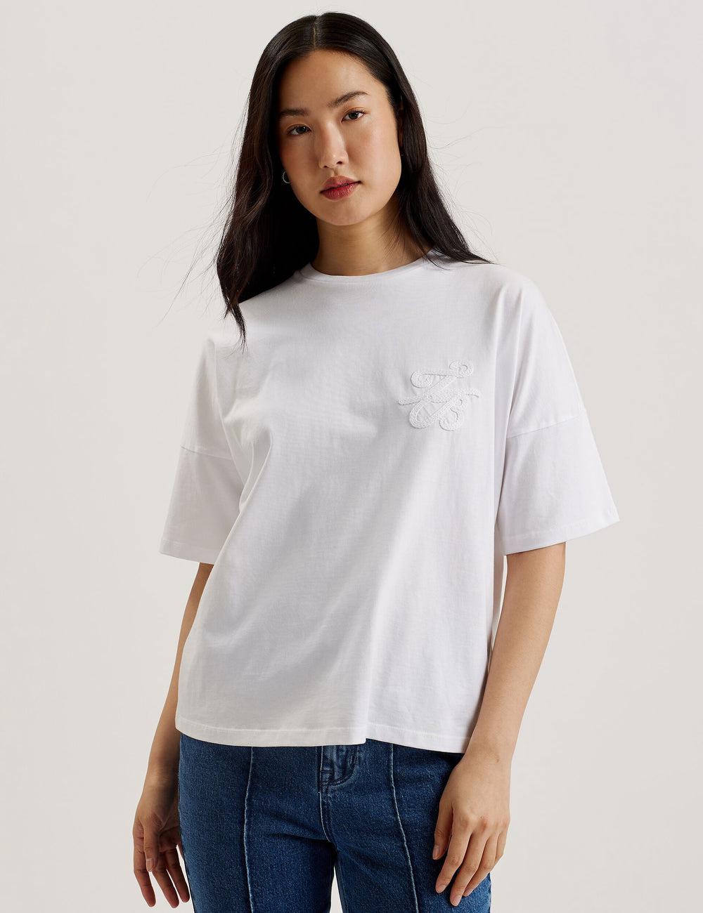 Women Ted Baker MALORRY - Embroidered Logo Boxy Cotton T-Shirts White | IBVN76851