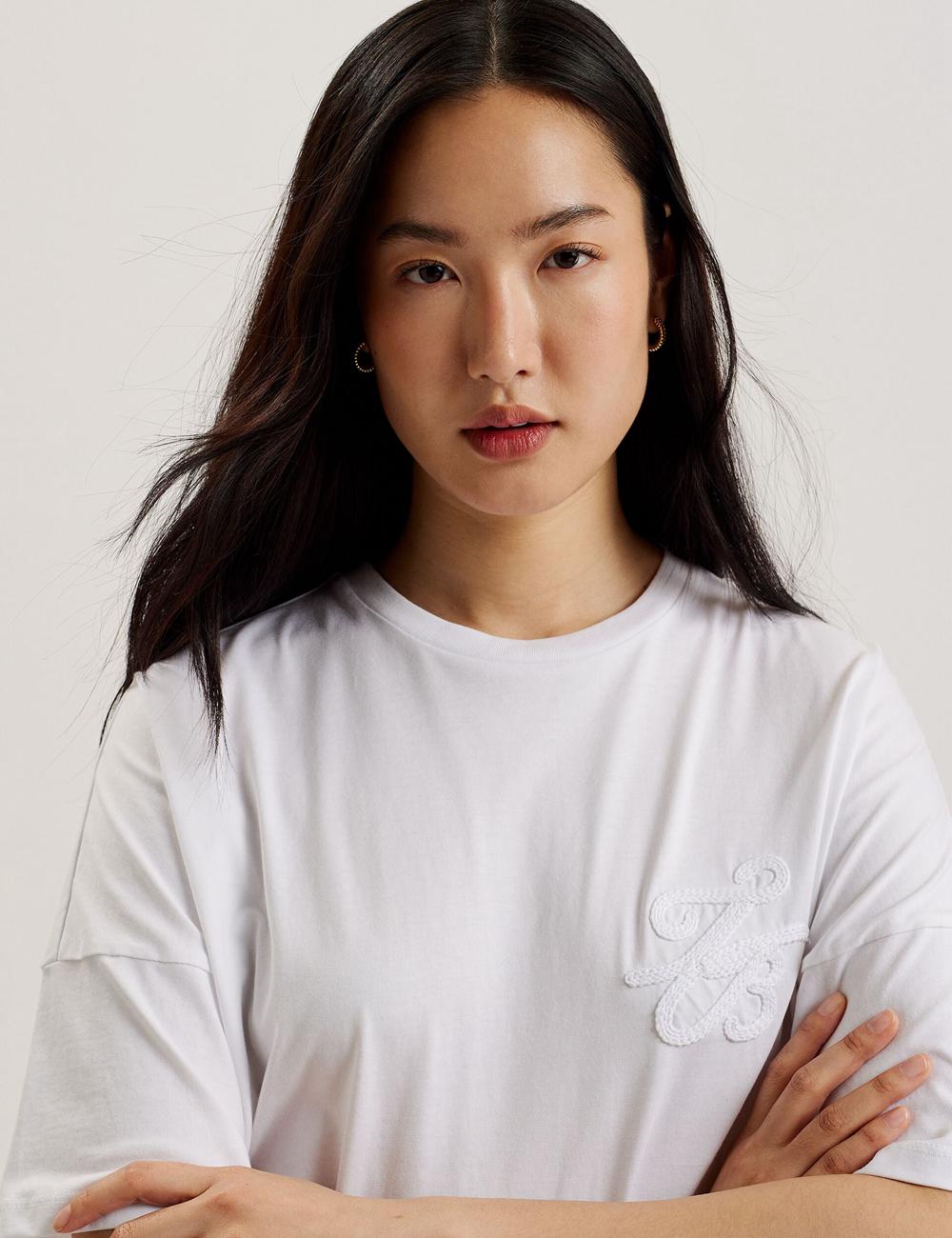 Women Ted Baker MALORRY - Embroidered Logo Boxy Cotton T-Shirts White | IBVN76851