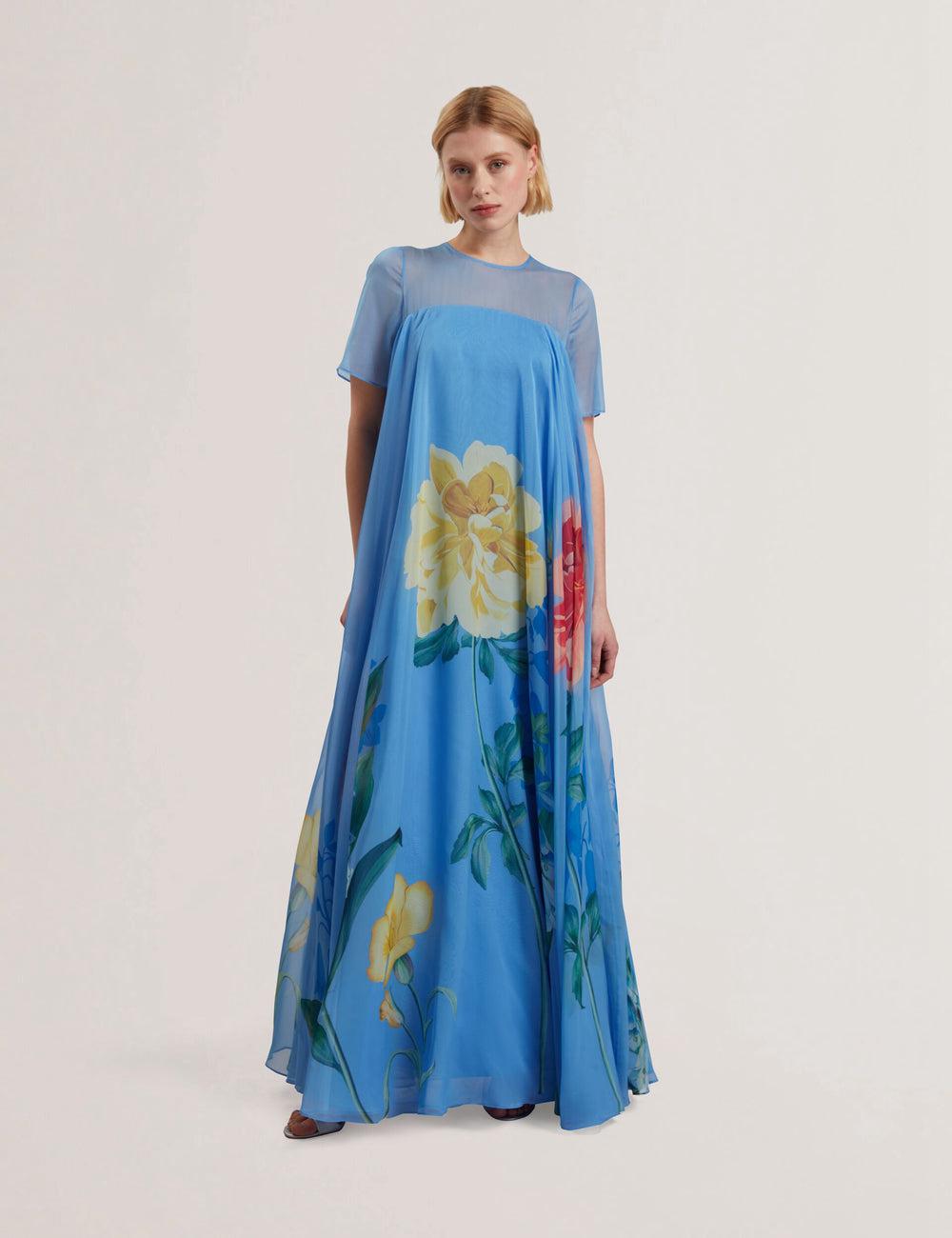 Women Ted Baker MALRIE - Sheer Neck Floral Trapeze Maxi Dresses Mid-Blue | WSUV18703