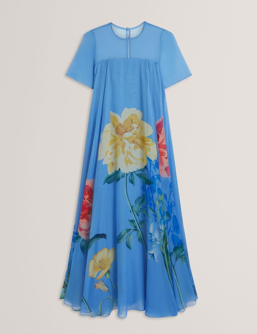 Women Ted Baker MALRIE - Sheer Neck Floral Trapeze Maxi Dresses Mid-Blue | WSUV18703