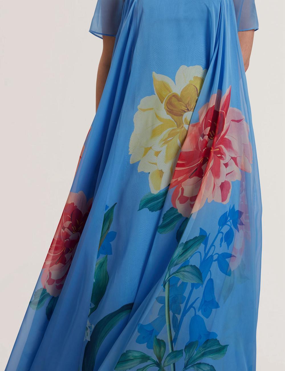 Women Ted Baker MALRIE - Sheer Neck Floral Trapeze Maxi Dresses Mid-Blue | WSUV18703