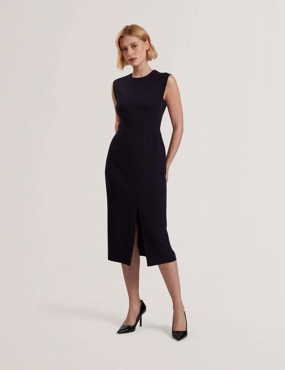 Women Ted Baker MANABDL - Tailored Sleeveless With Front Split Midi Dresses Navy | GRYH05241