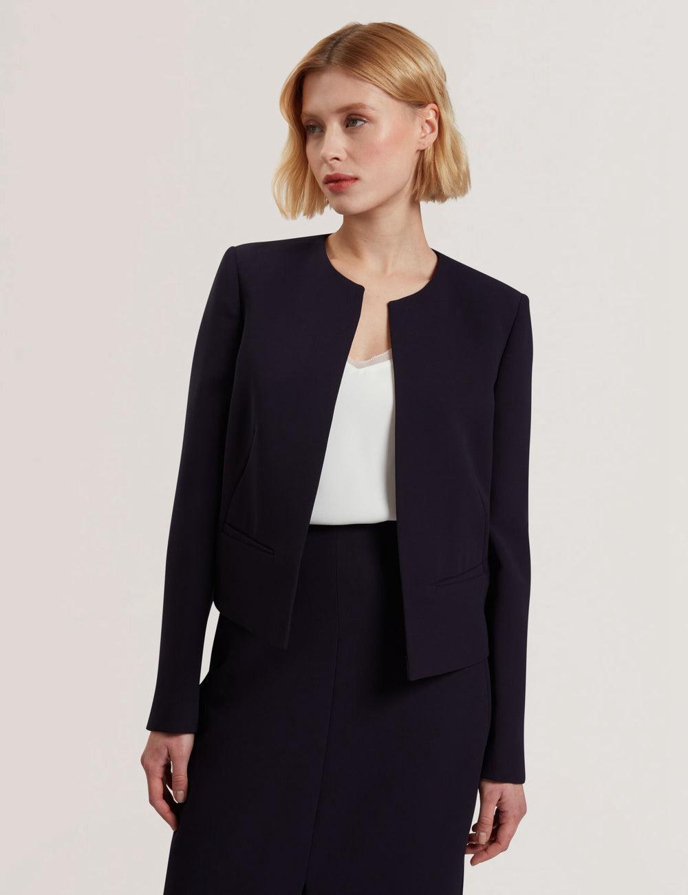 Women Ted Baker MANABJL - Tailored Round Neck Cropped Open Jackets Navy | GUEZ39046
