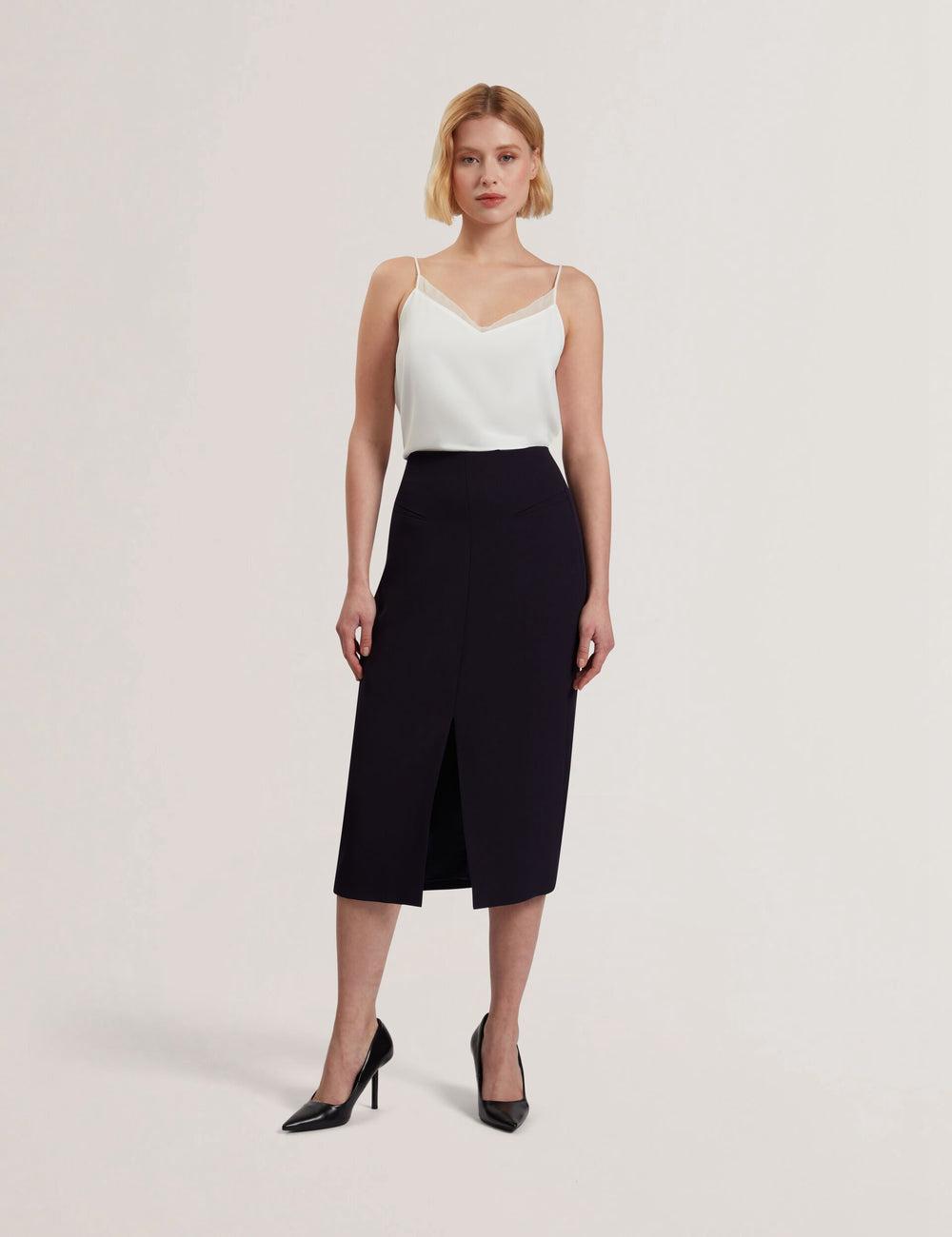 Women Ted Baker MANABSL - Tailored Midi Pencil Skirt With Front Split Midi Skirts Navy | YARJ78649