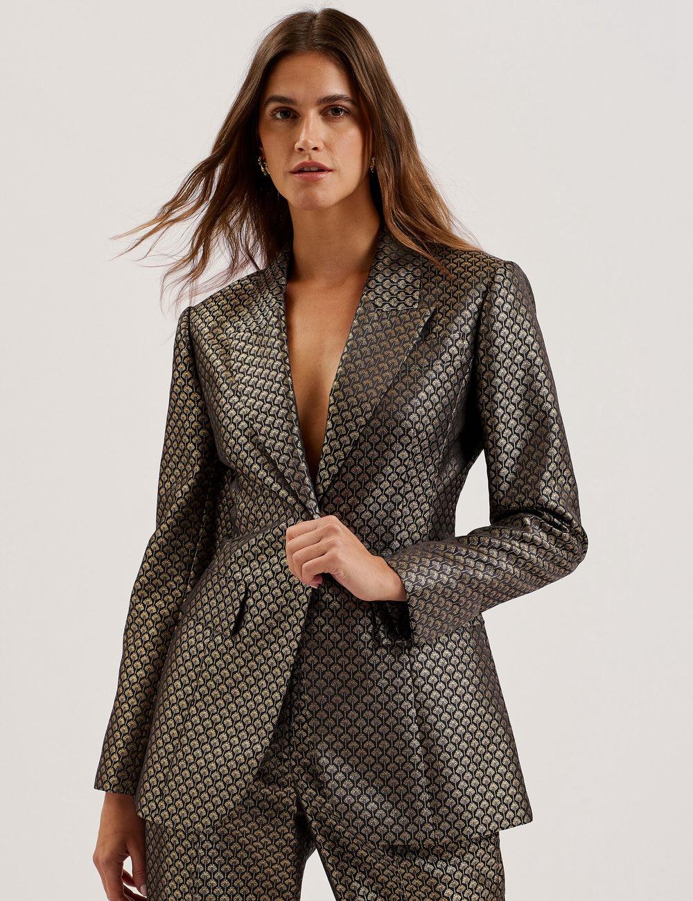 Women Ted Baker MANGU - Tailored Metallic Jacquard Fitted Blazers Black | SRGN08293