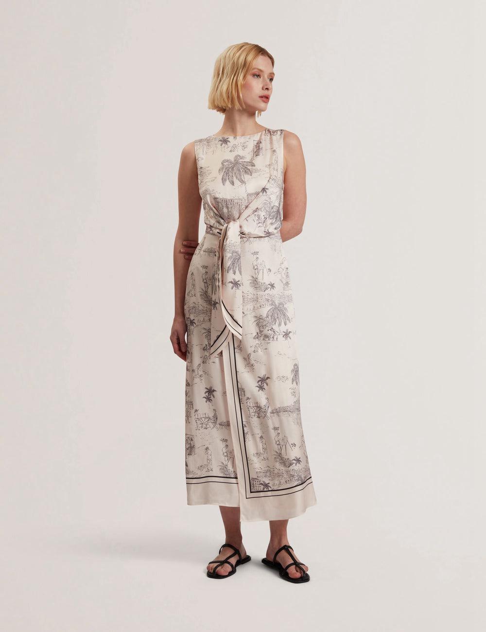 Women Ted Baker MARRONA - Printed Wrap Front Sleeveless Midi Dresses Nude-Pink | VHLI62137