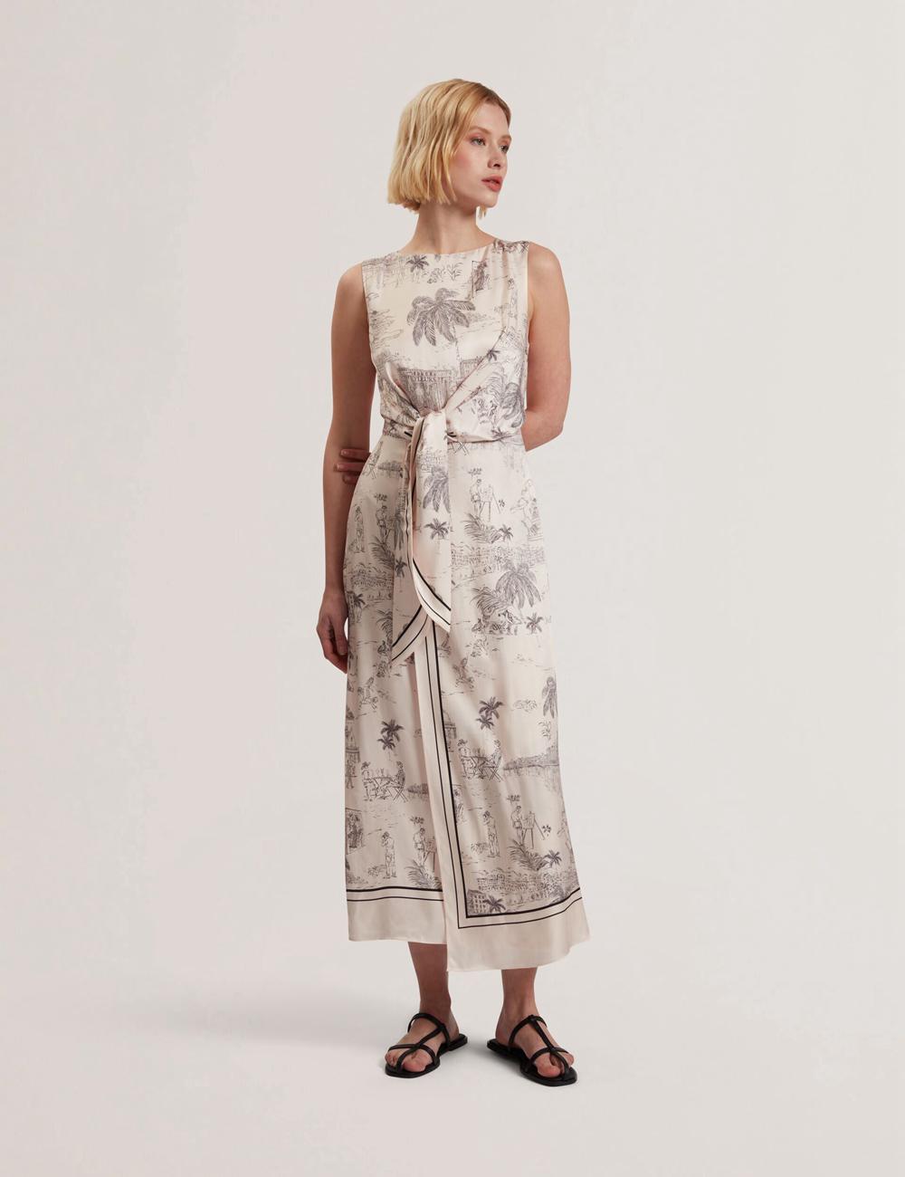 Women Ted Baker MARRONA - Printed Wrap Front Sleeveless Midi Dresses Nude-Pink | VHLI62137