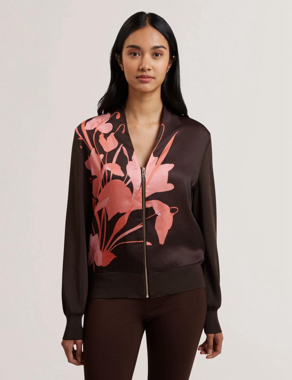 Women Ted Baker MATIINA - Printed Front Zip-Up Bomber Cardigans Dk-Brown | SCAD61028