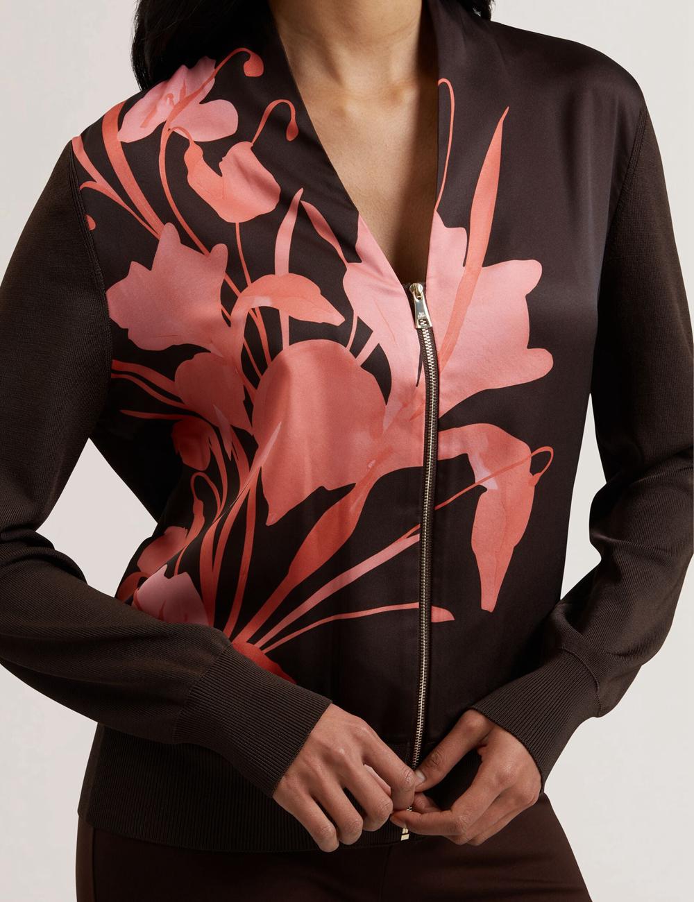 Women Ted Baker MATIINA - Printed Front Zip-Up Bomber Cardigans Dk-Brown | SCAD61028
