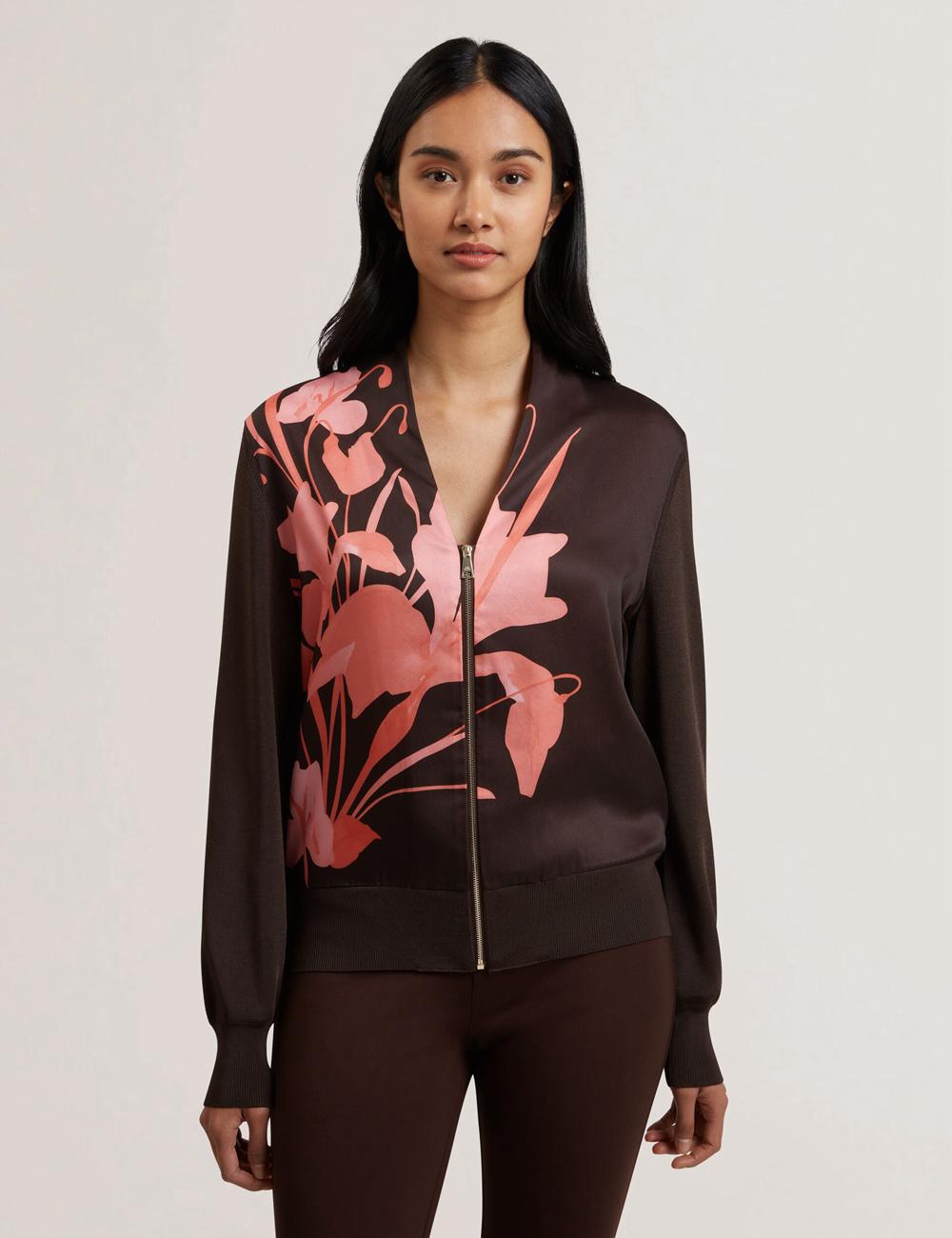 Women Ted Baker MATIINA - Printed Front Zip-Up Bomber Cardigans Dk-Brown | SCAD61028